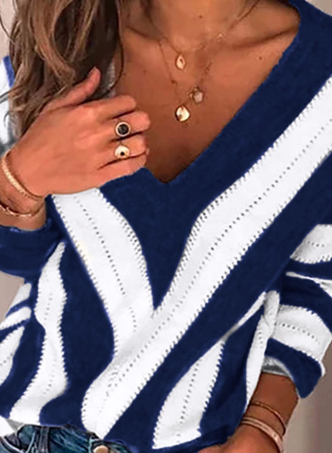 Women's V Neck Striped Knit Pullover Sweater