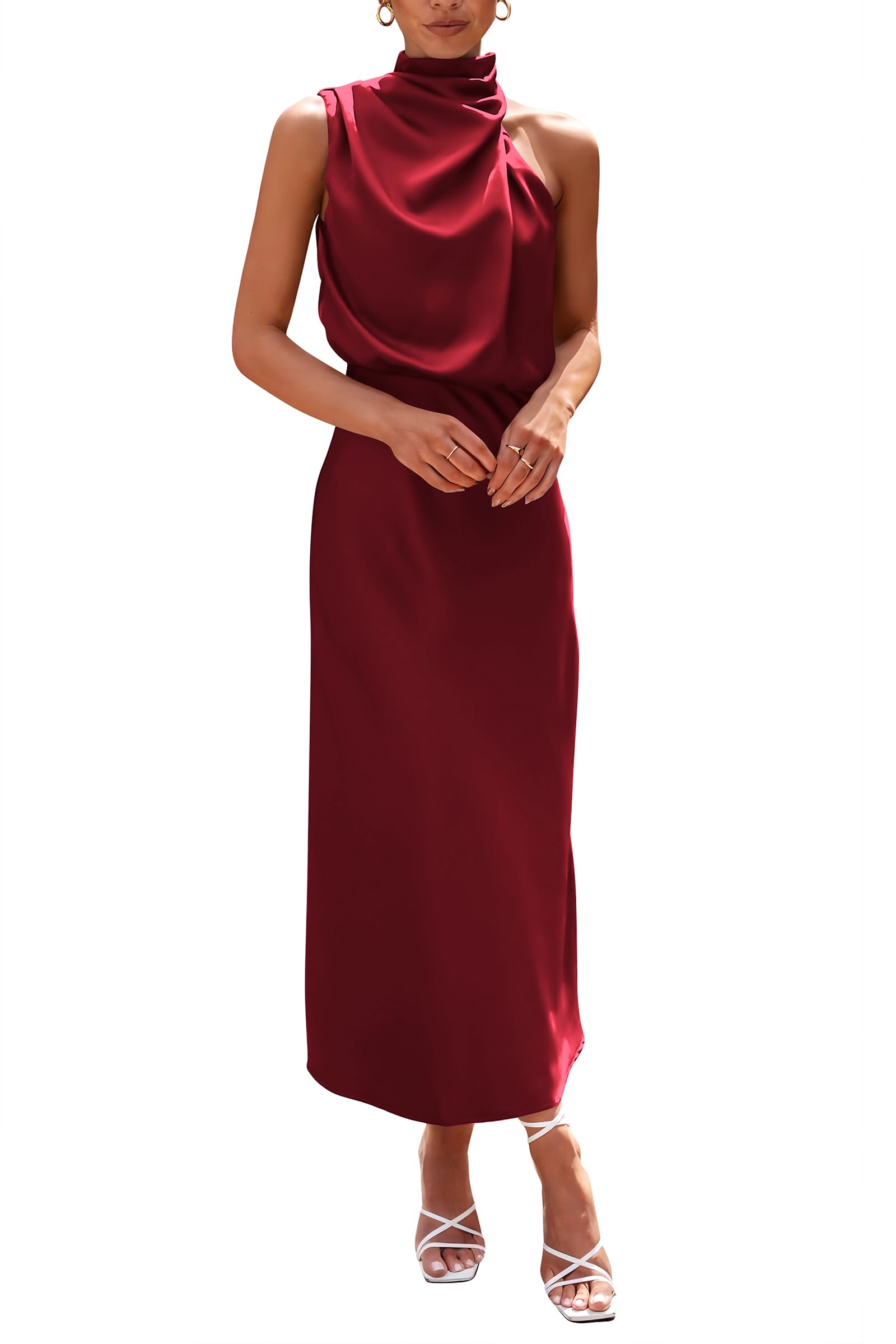 Women's Summer Satin Maxi Cocktail Dress Dark Wine Red