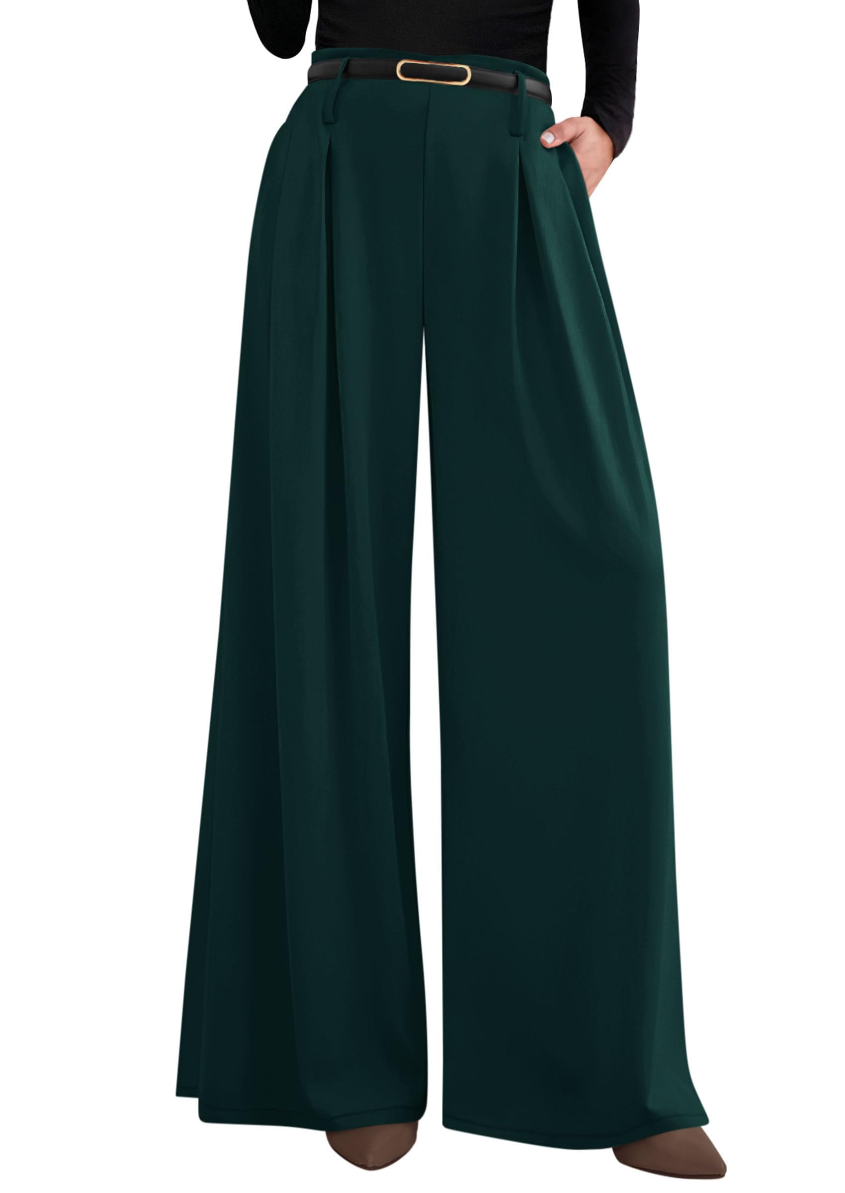 Womens Wide Leg Dress Pants Flowy Trousers,Dark Green,S