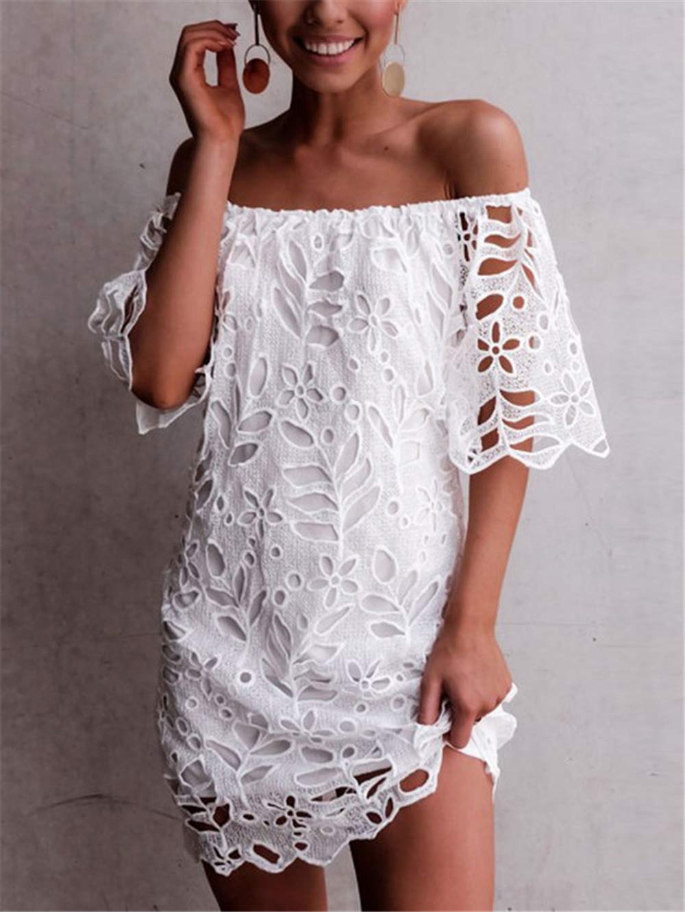 Women's Boho Off the Shoulder Lace Mini Dress, White,L