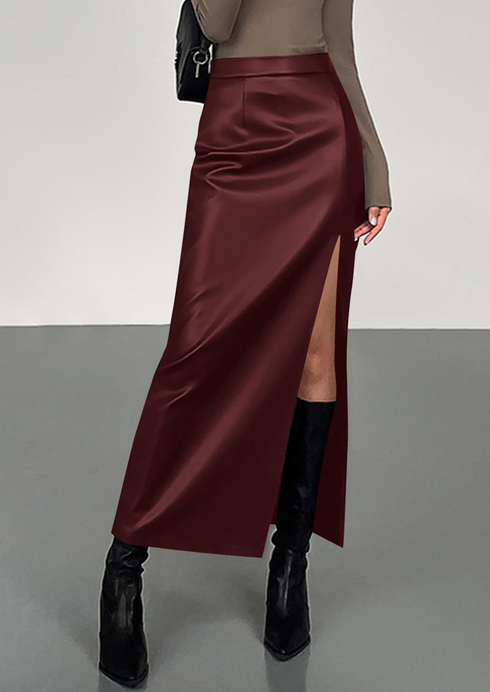 Women's Faux Leather Long Pencil Skirt,Dark Burgundy,XS