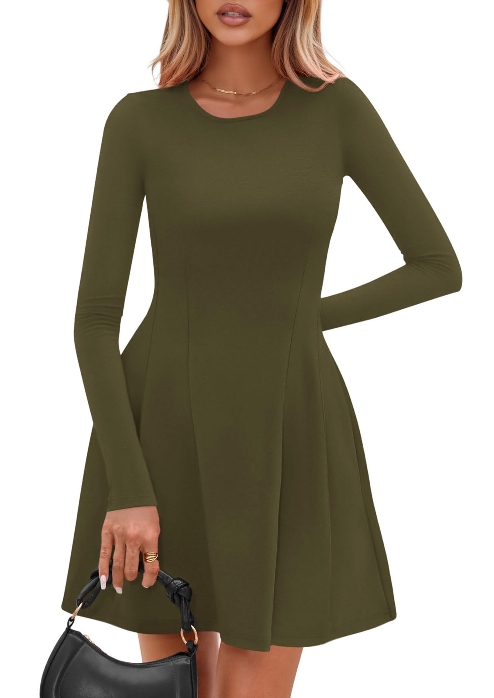 Womens Long Sleeve Pleated Mini Dress,Army Green,XS