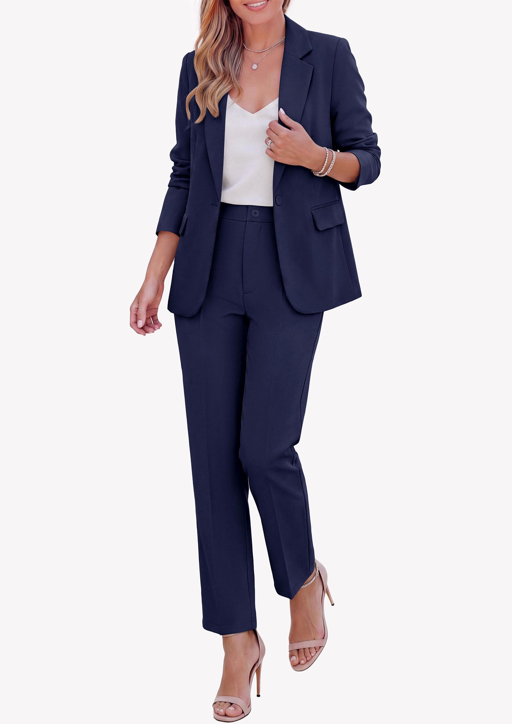 Two Piece Sets for Women Dressy Pant Suits,Navy Blue,M