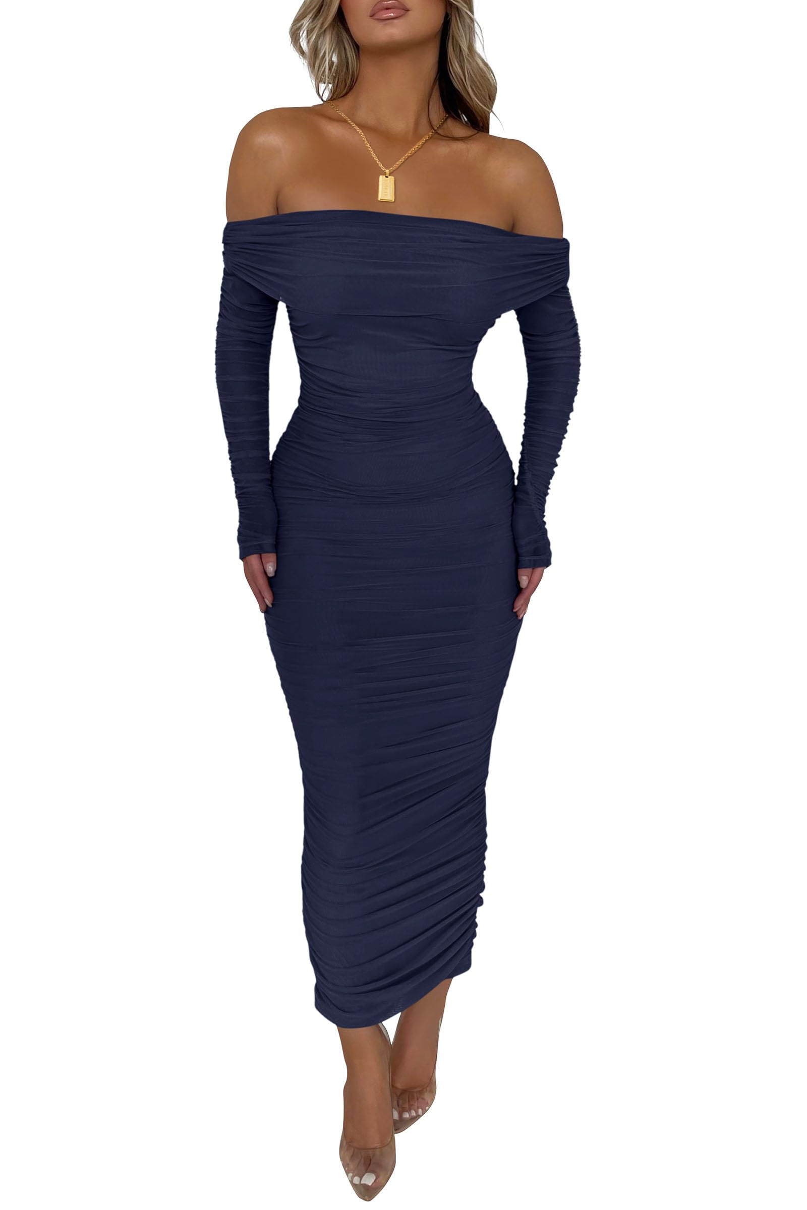 Women's Off the Shoulder Maxi Bodycon Dress, Navy,S