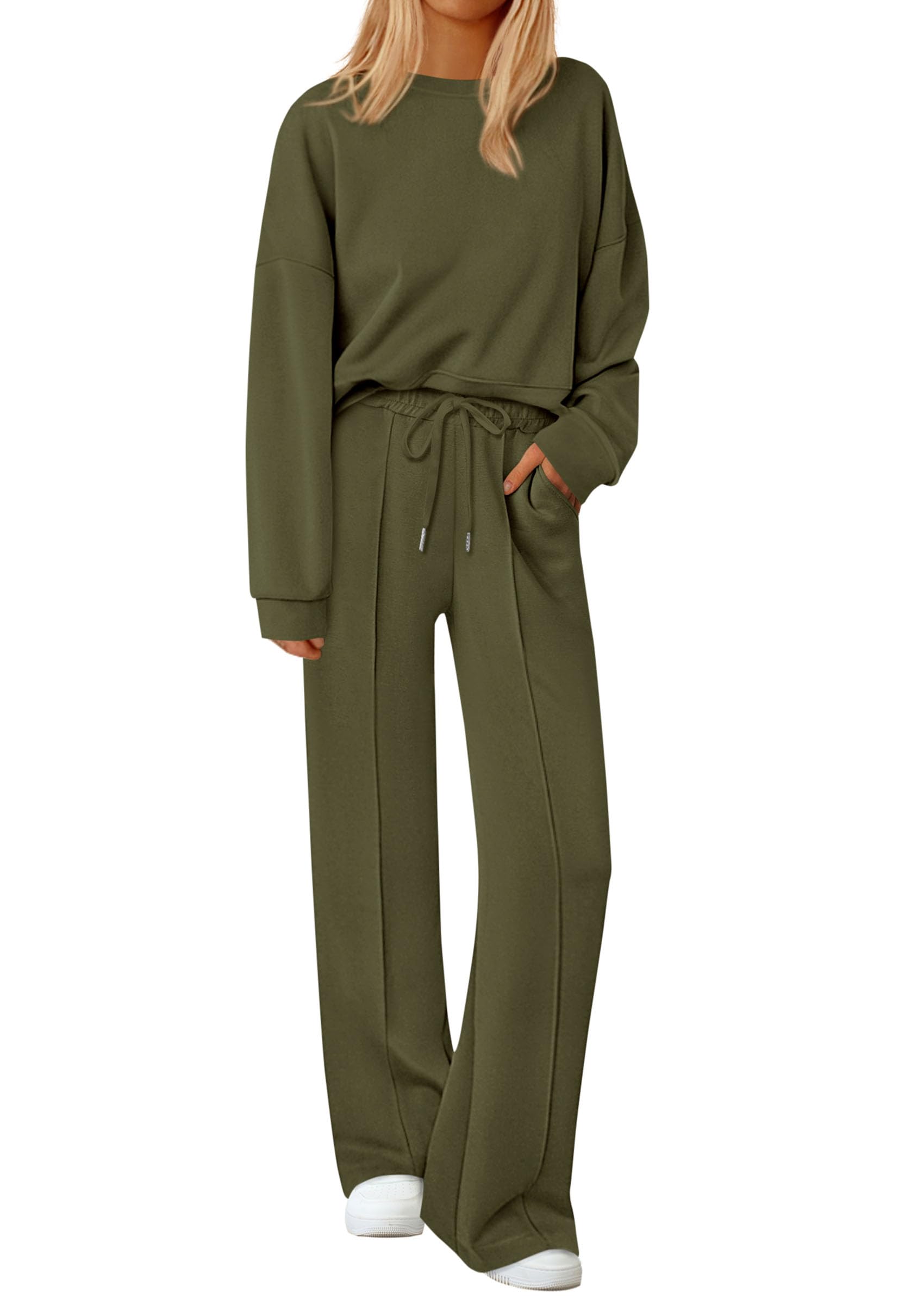 Womens Long Sleeve Sweatshirt 2 Piece Sets,Army Green,S