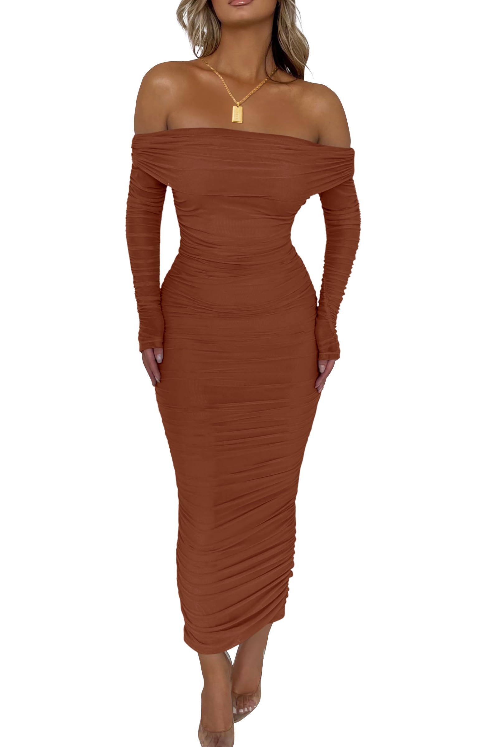 Women's Off the Shoulder Maxi Bodycon Dress, Caramel,S
