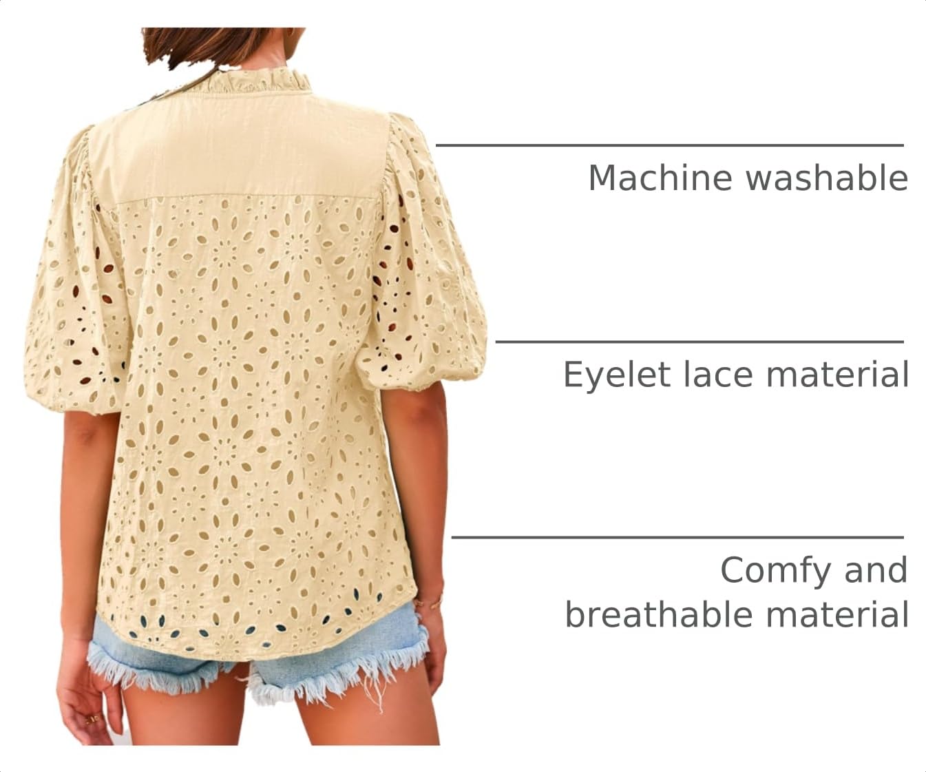 Womens Tops Boho Eyelet Puff Sleeve Blouse, Beige,S