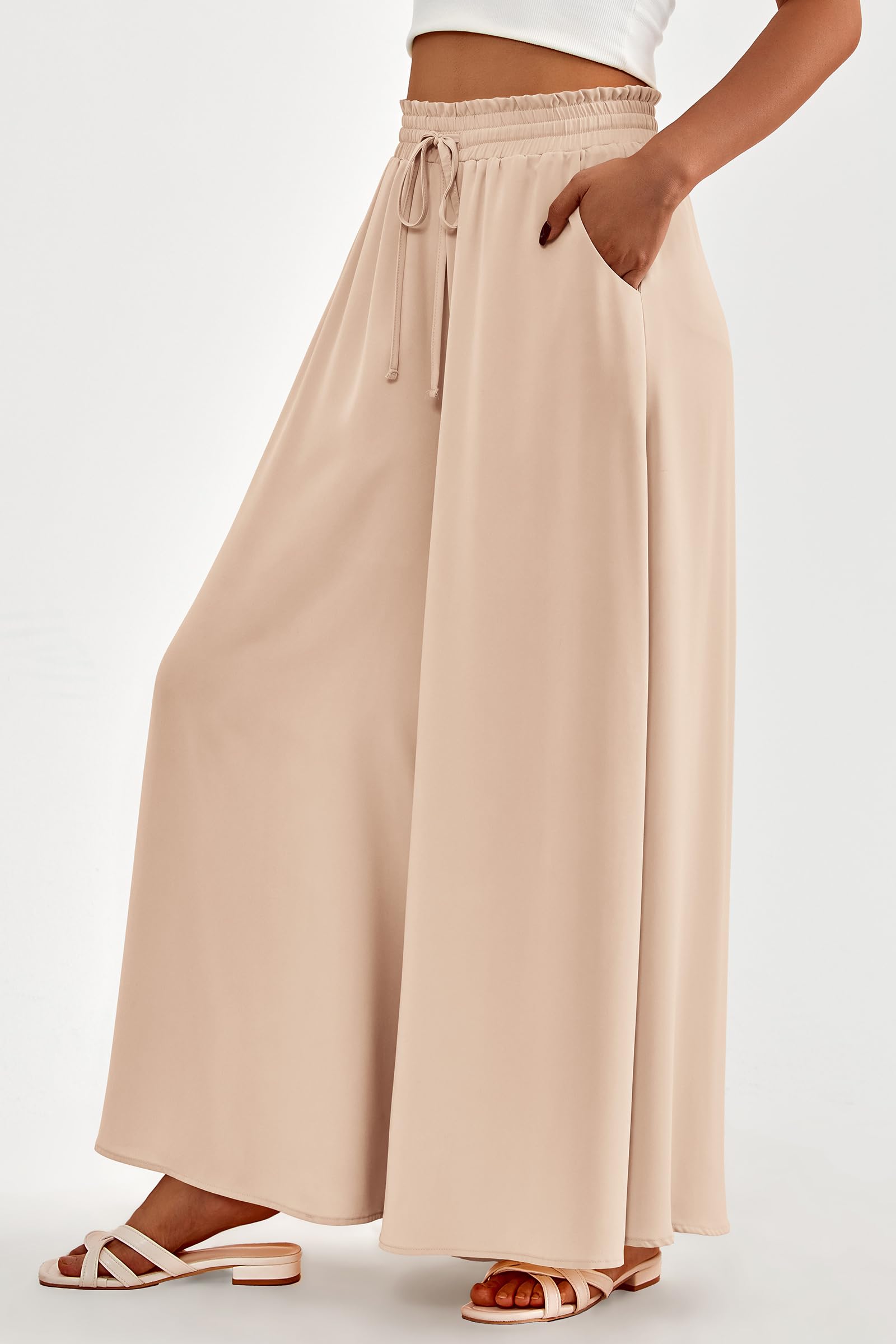 Summer Wide Leg Palazzo Pants for Women Casual,Beige,S