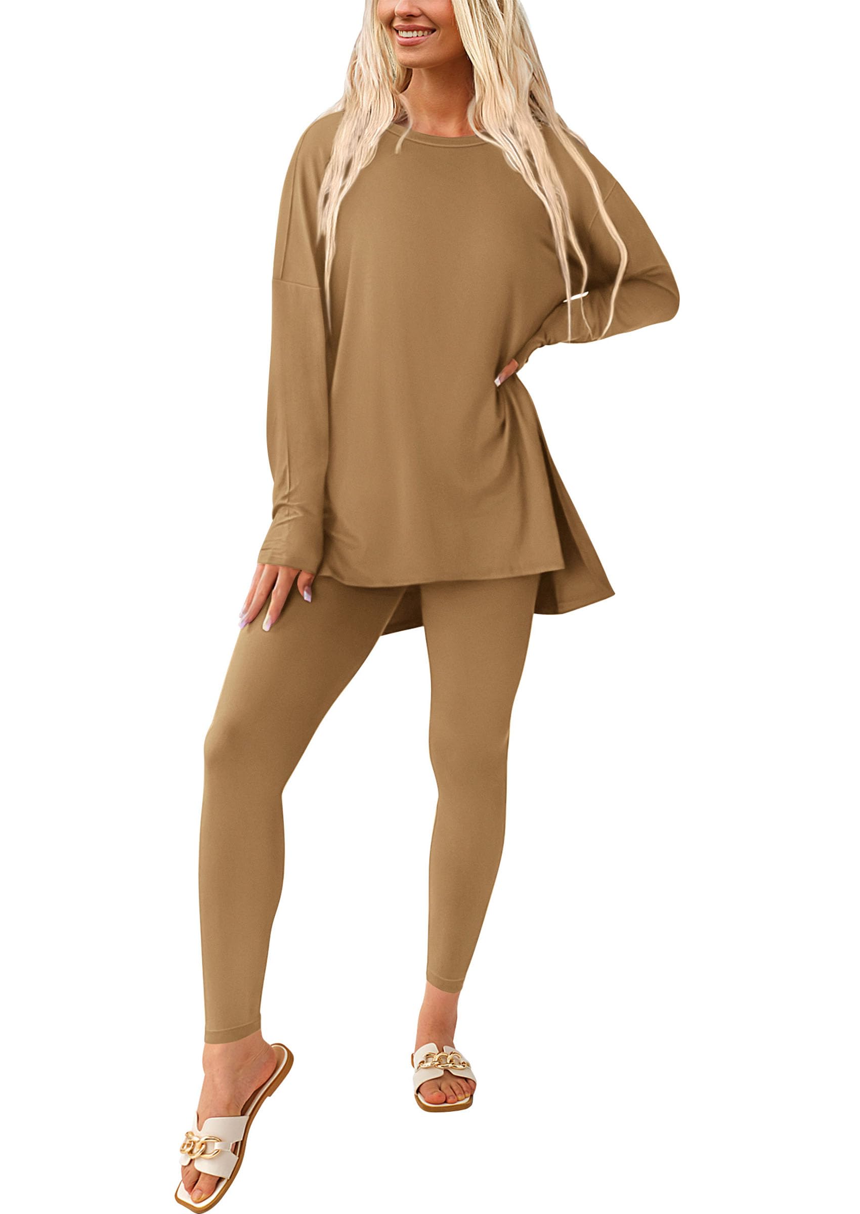 Women's 2 Piece Outfits Matching Lounge Sets,Khaki,S