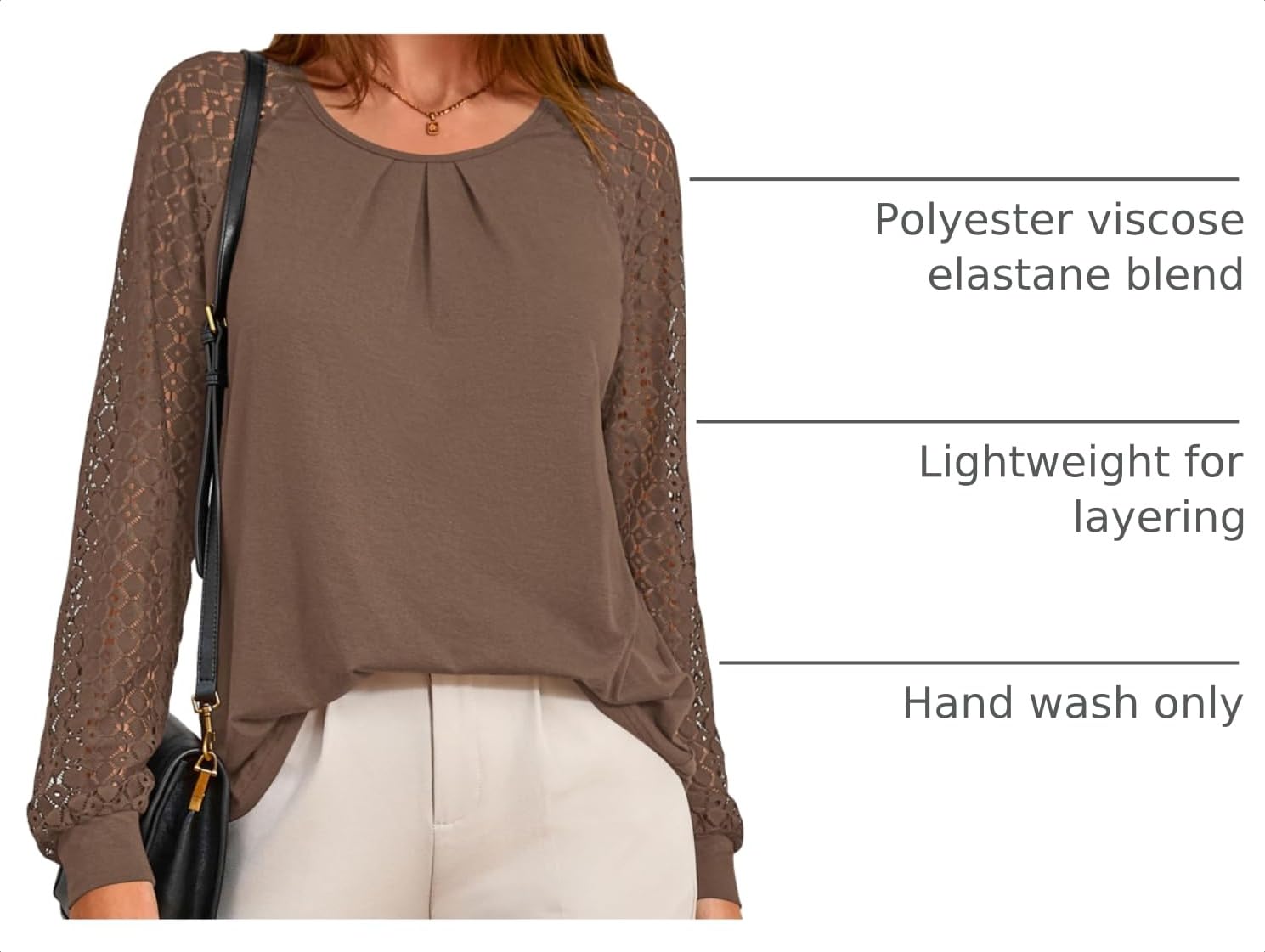Women's Long Sleeve Shirts Fall Lace Tops,Light Brown,XL
