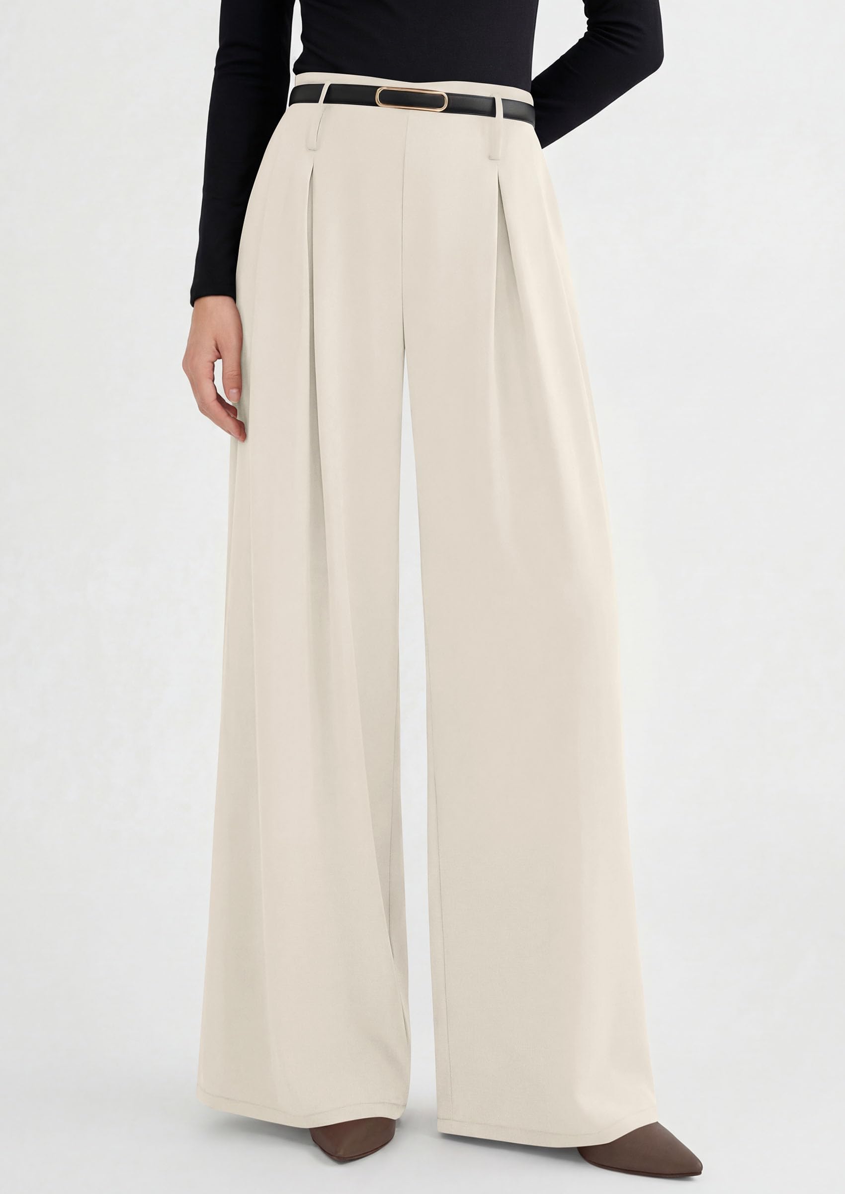 Womens Wide Leg Dress Pants Flowy Trousers,Beige,S