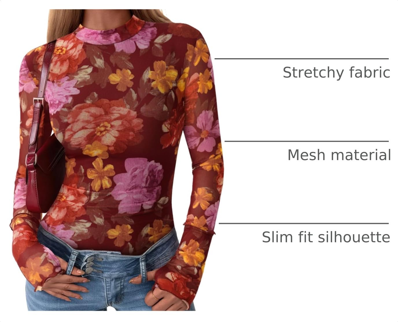 Womens Floral Mesh Long Sleeve Tops Fall Slim Fitted Shirts
