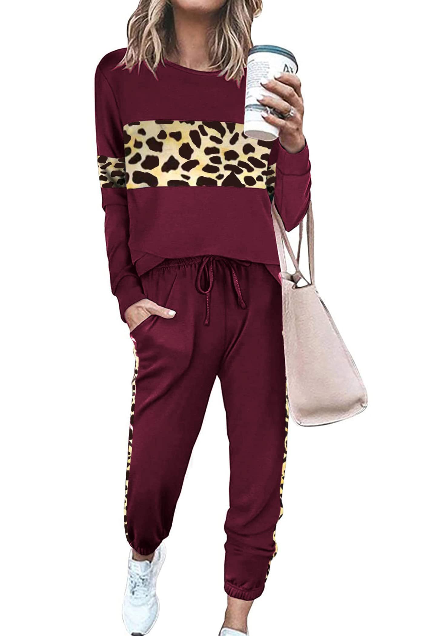 Women Color Block 2 Piece Sets Tracksuit,Leopard Wine Red,S