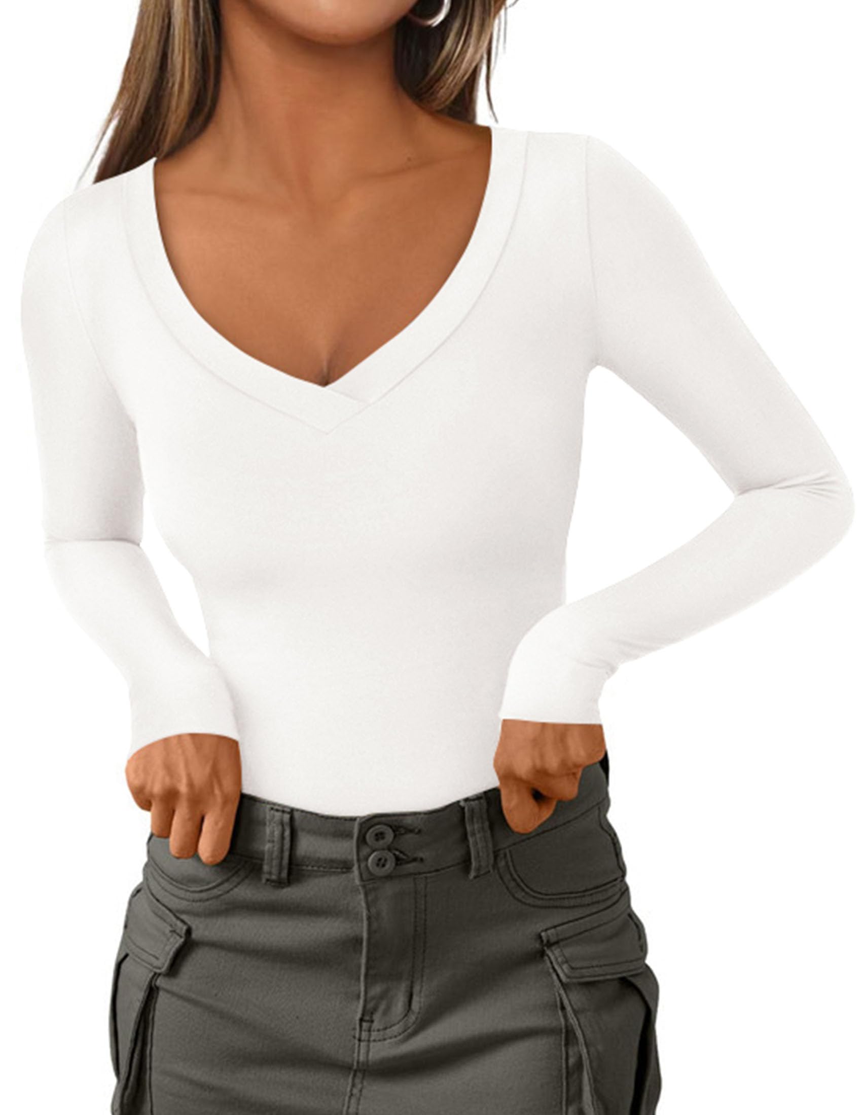 Women's V Neck Long Sleeve Shirts,White,M