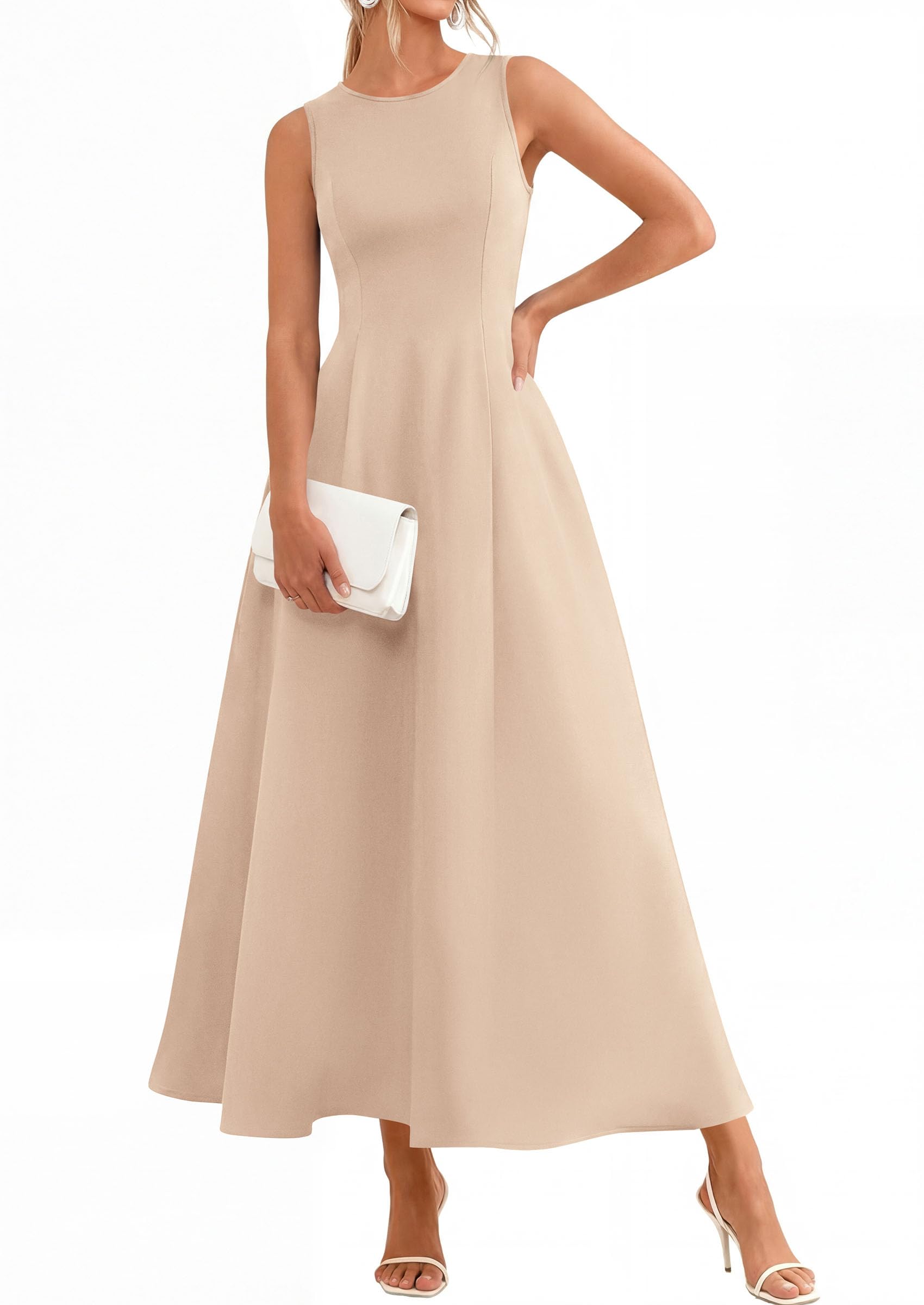 Women's Sleeveless Summer Elegant Maxi Dresses, Beige,S