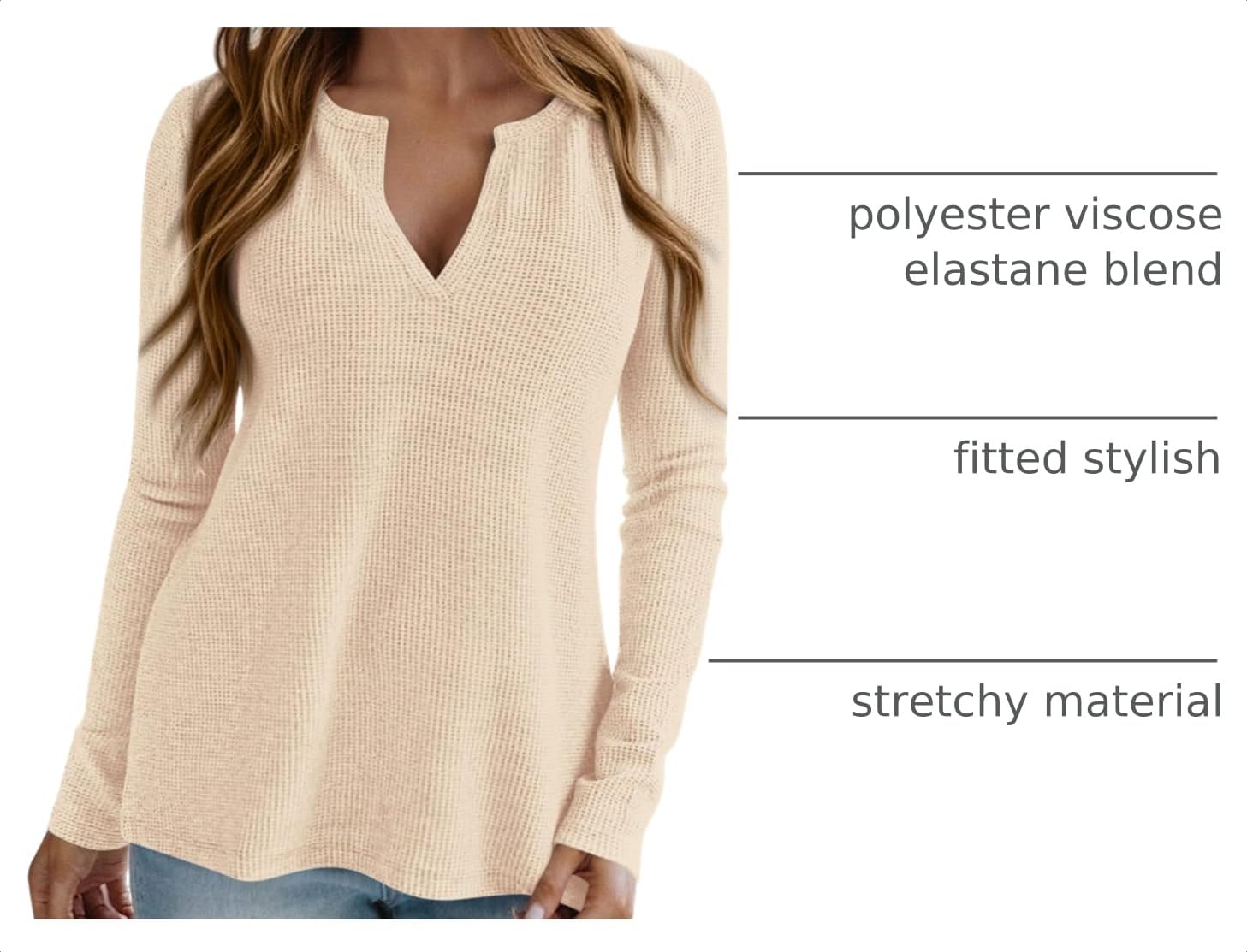 Long Sleeve Shirts for Women Waffle Knit Tops,Beige,S