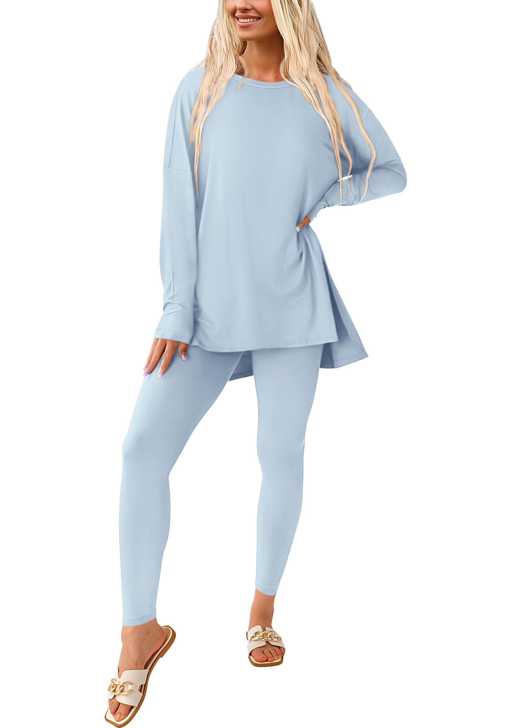 Women's 2 Piece Outfits Matching Lounge Sets,Light Blue,S