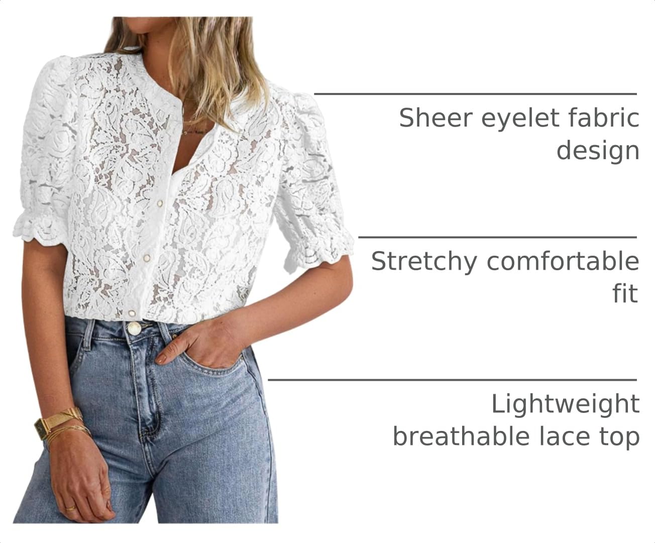 Womens Lace Tops Button Down Short Sleeve Shirts,White,M