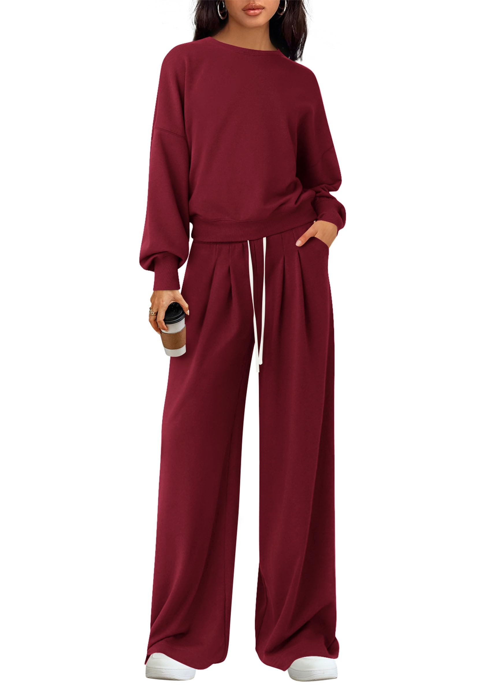 Womens Loose Fit Casual 2 Piece Lounge Set,Wine Red,S