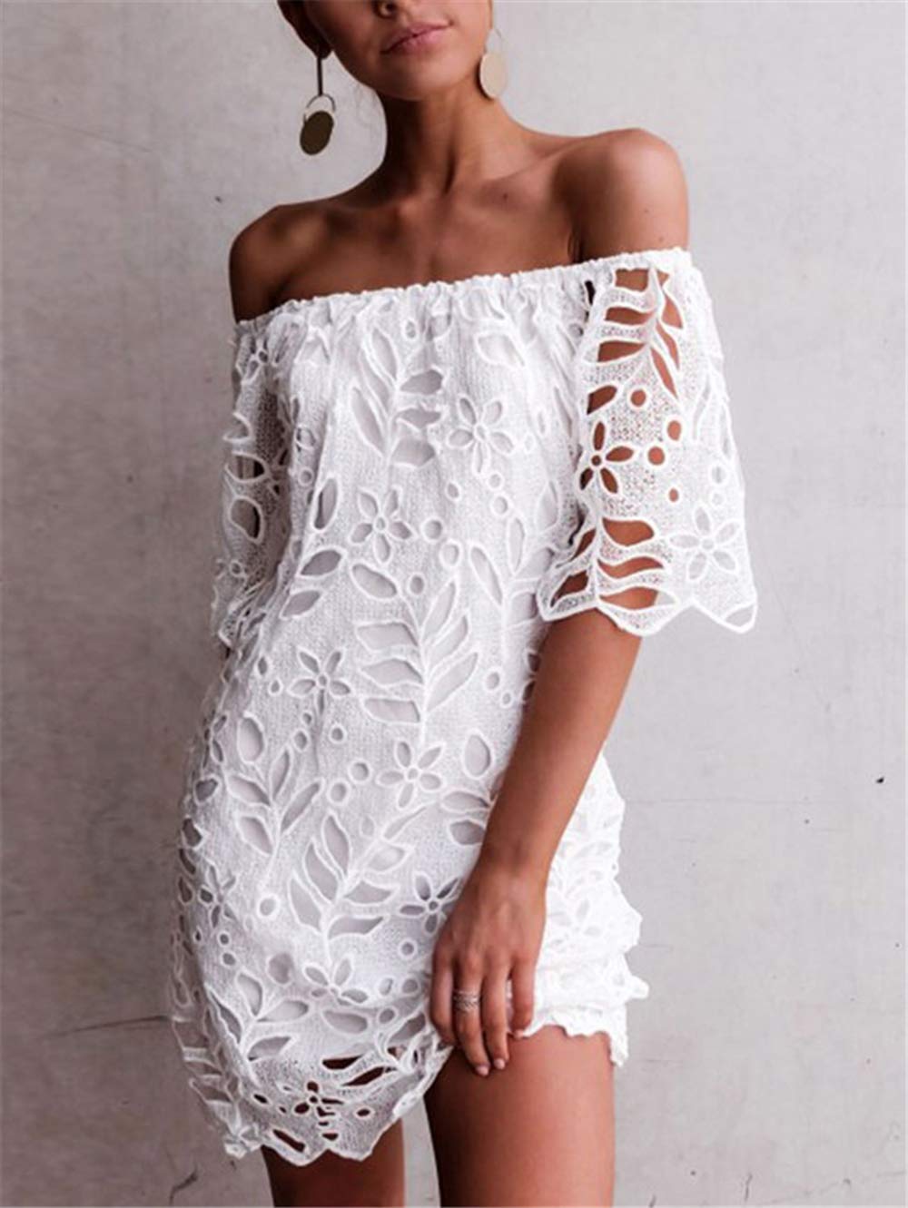 Women's Boho Off the Shoulder Lace Mini Dress, White,L