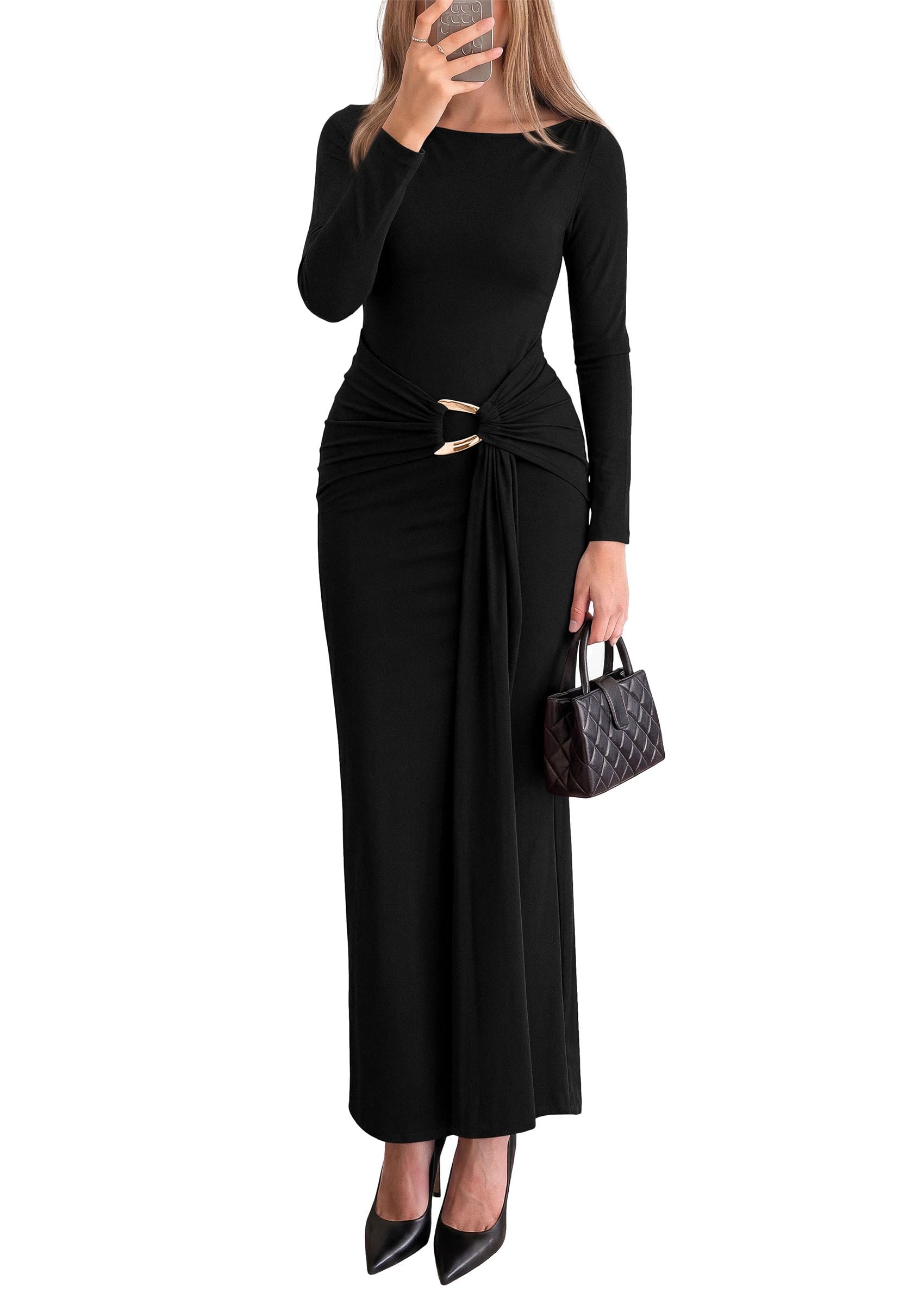 Women Fall Wedding Guest Dresses Formal Long Sleeve Maxi Dress