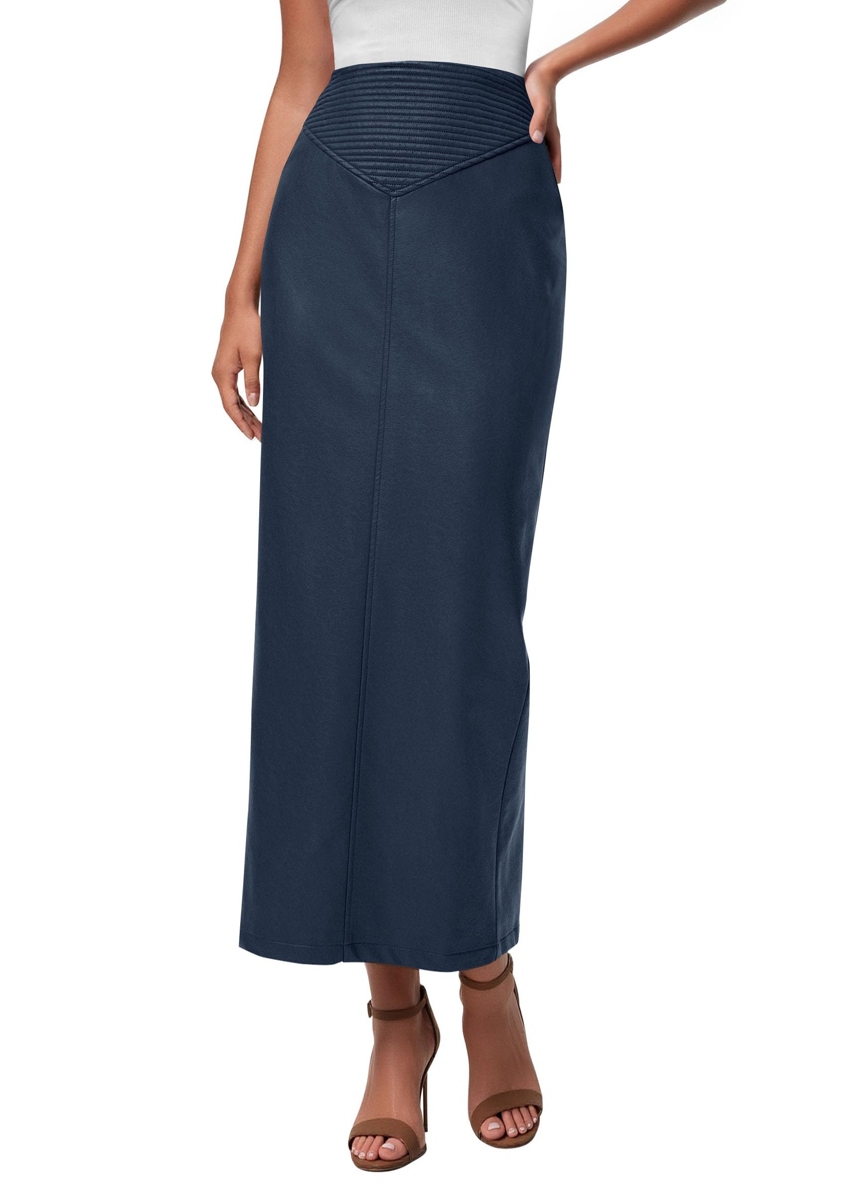 Women's Faux Leather High Waisted Maxi Skirts,Navy Blue,XS