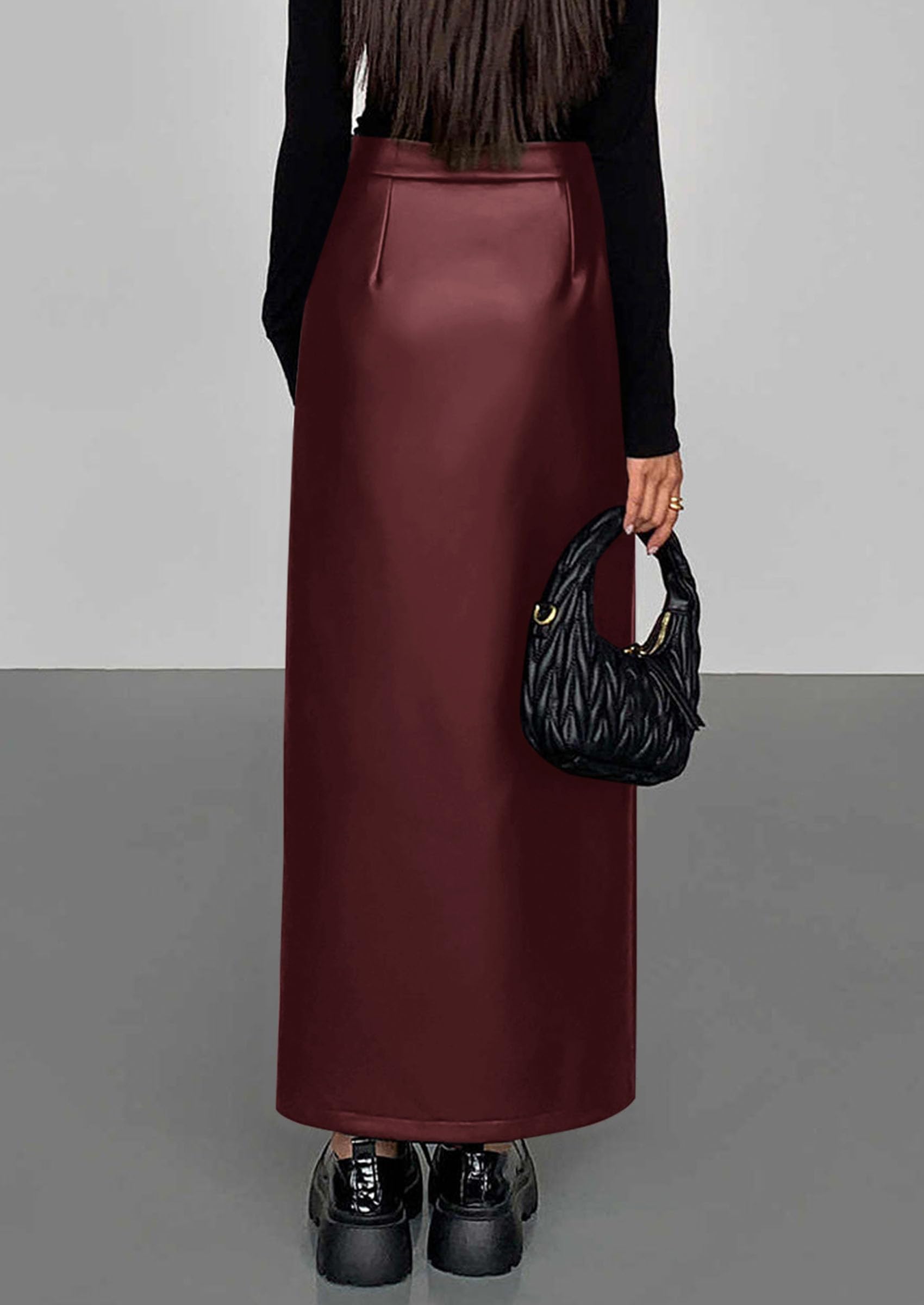 Women's Faux Leather Long Pencil Skirt,Dark Burgundy,XS