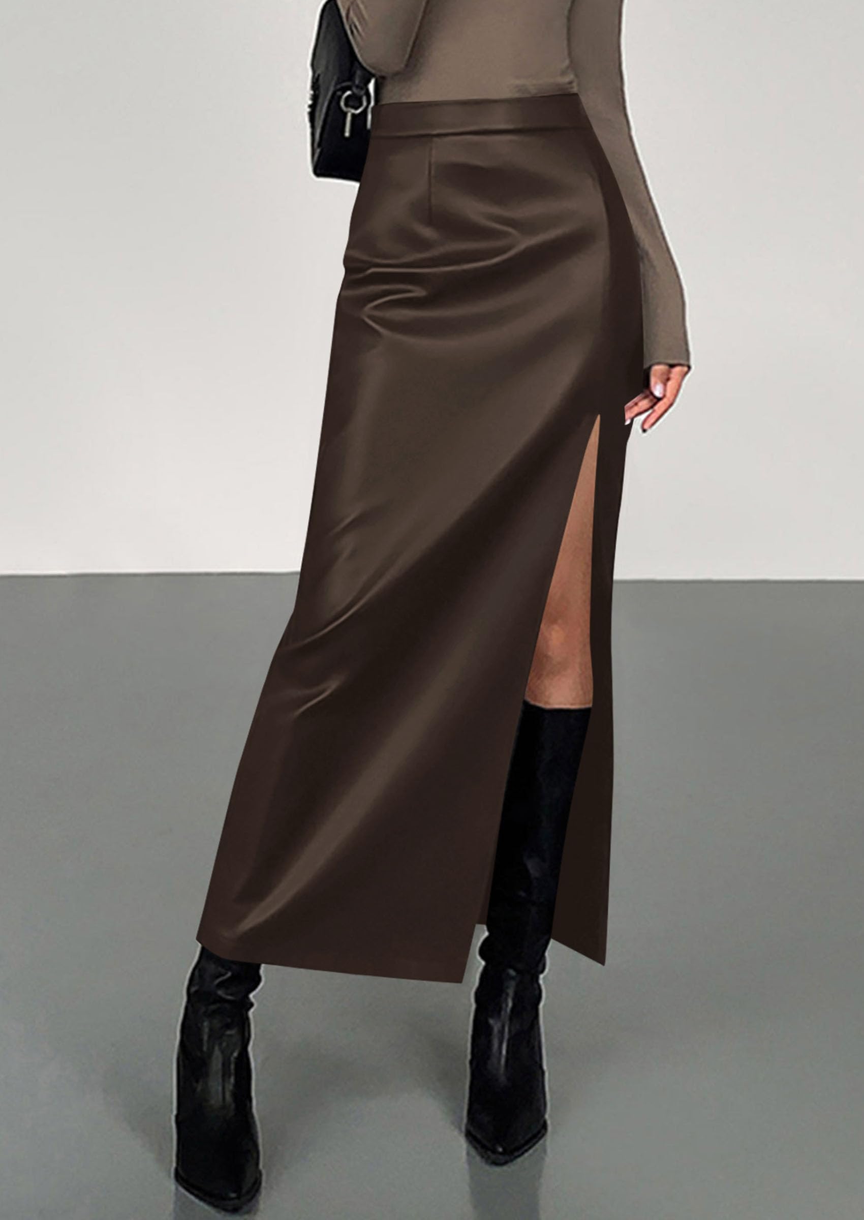 Women's Faux Leather Long Pencil Skirt,Brown,XS