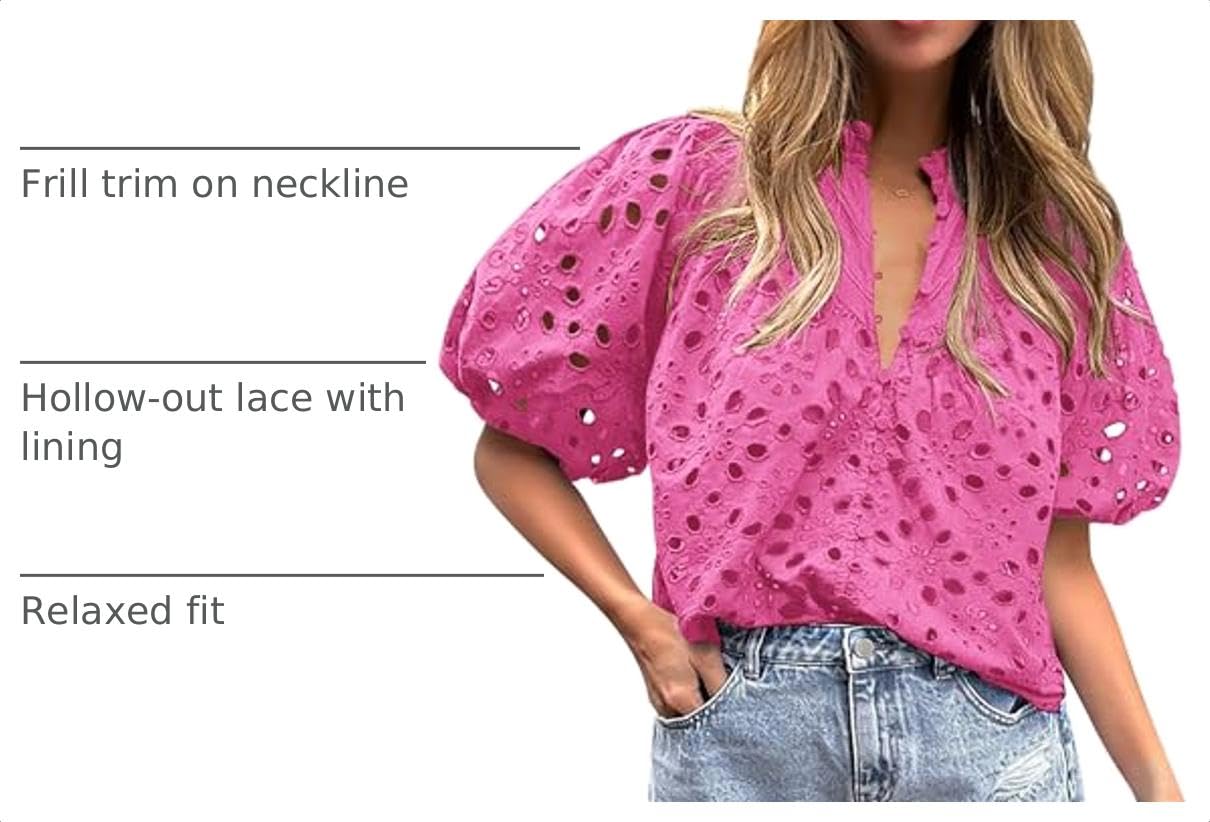 Womens Tops Boho Eyelet Puff Sleeve Blouse, Rose Pink,S