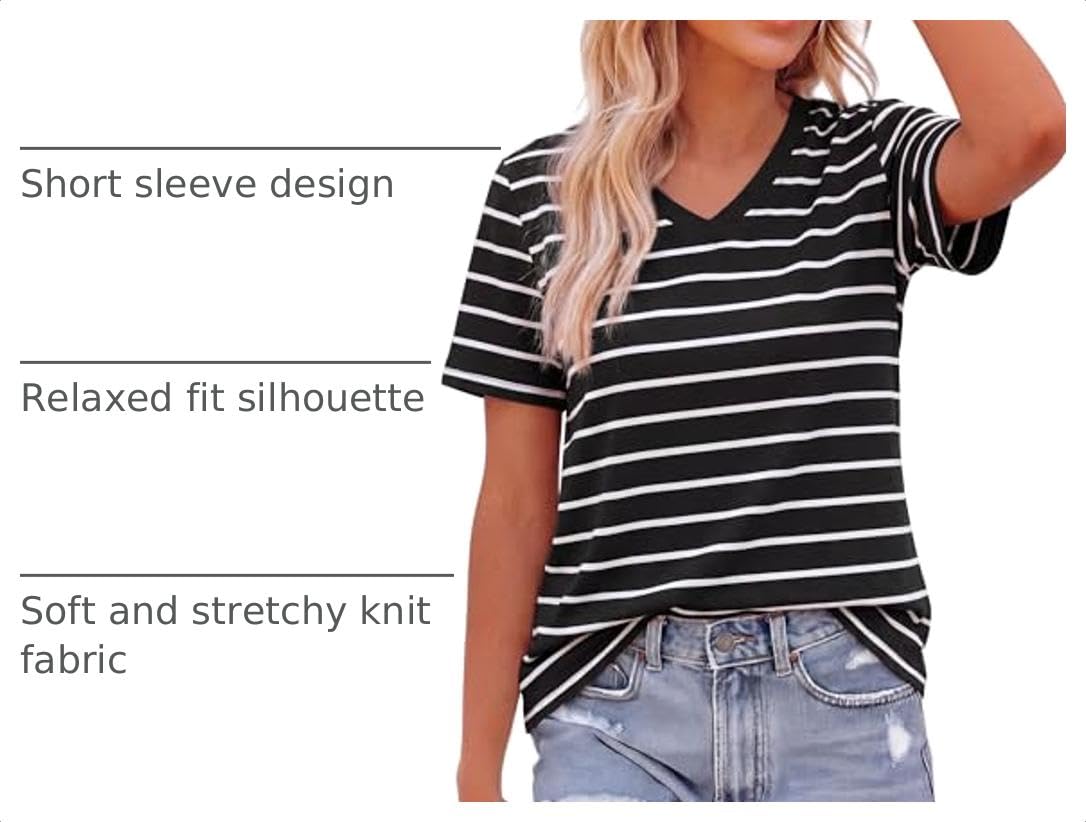 Striped Short Sleeve Womens Tops,Striped Black White,S