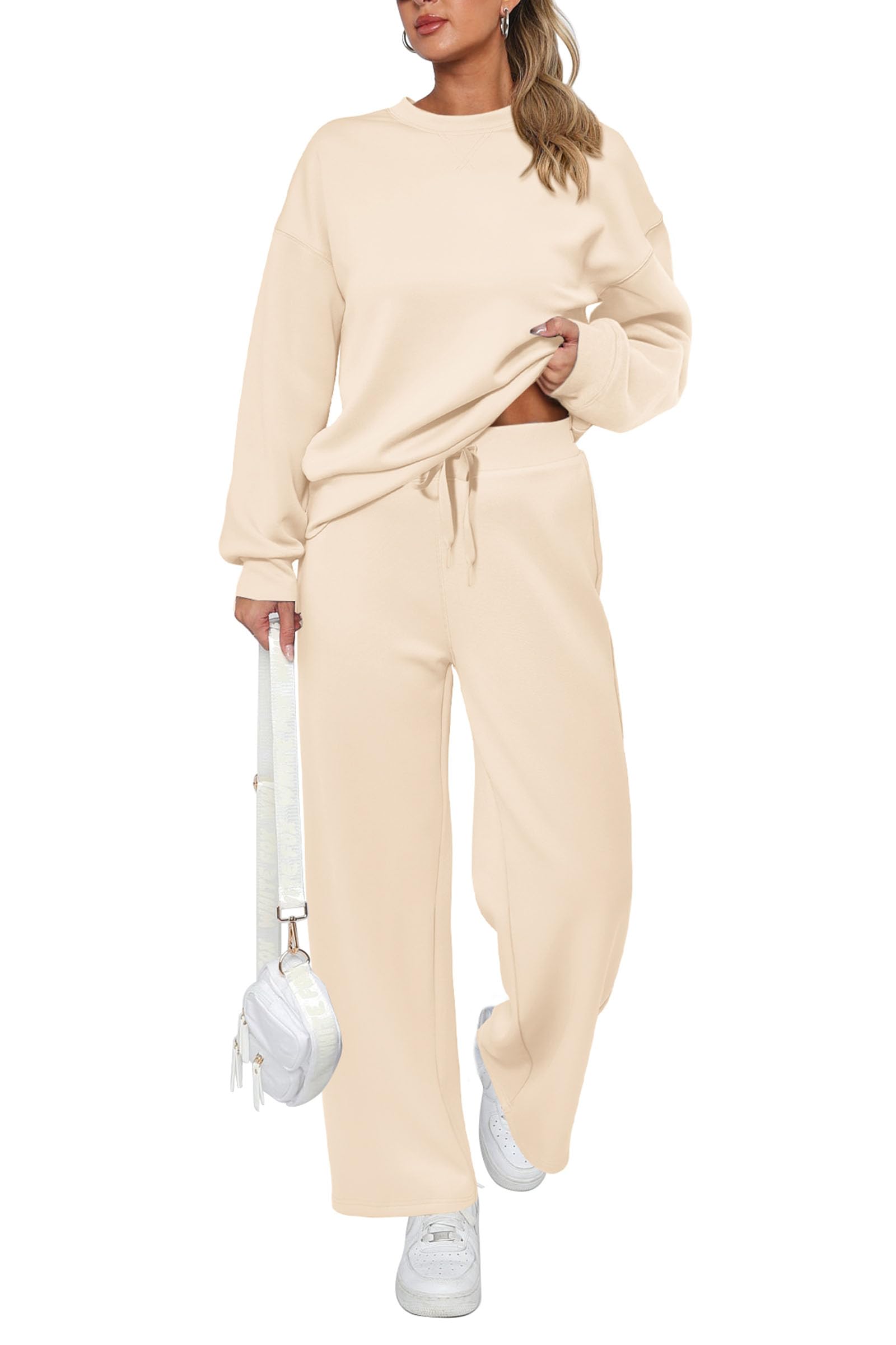 Womens 2 Piece Outfits 2025 Fall Long Sleeve Sweatshirt Wide Leg Pants Lounge Sets Winter Sweatsuits Tracksuit (Beige,Small)