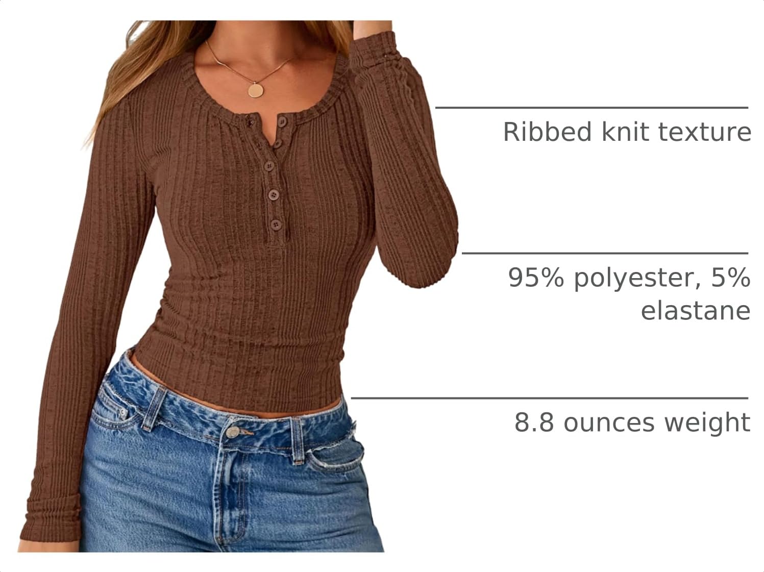 Women's Long Sleeve Tops Ribbed Henley Shirts,Brown,XS