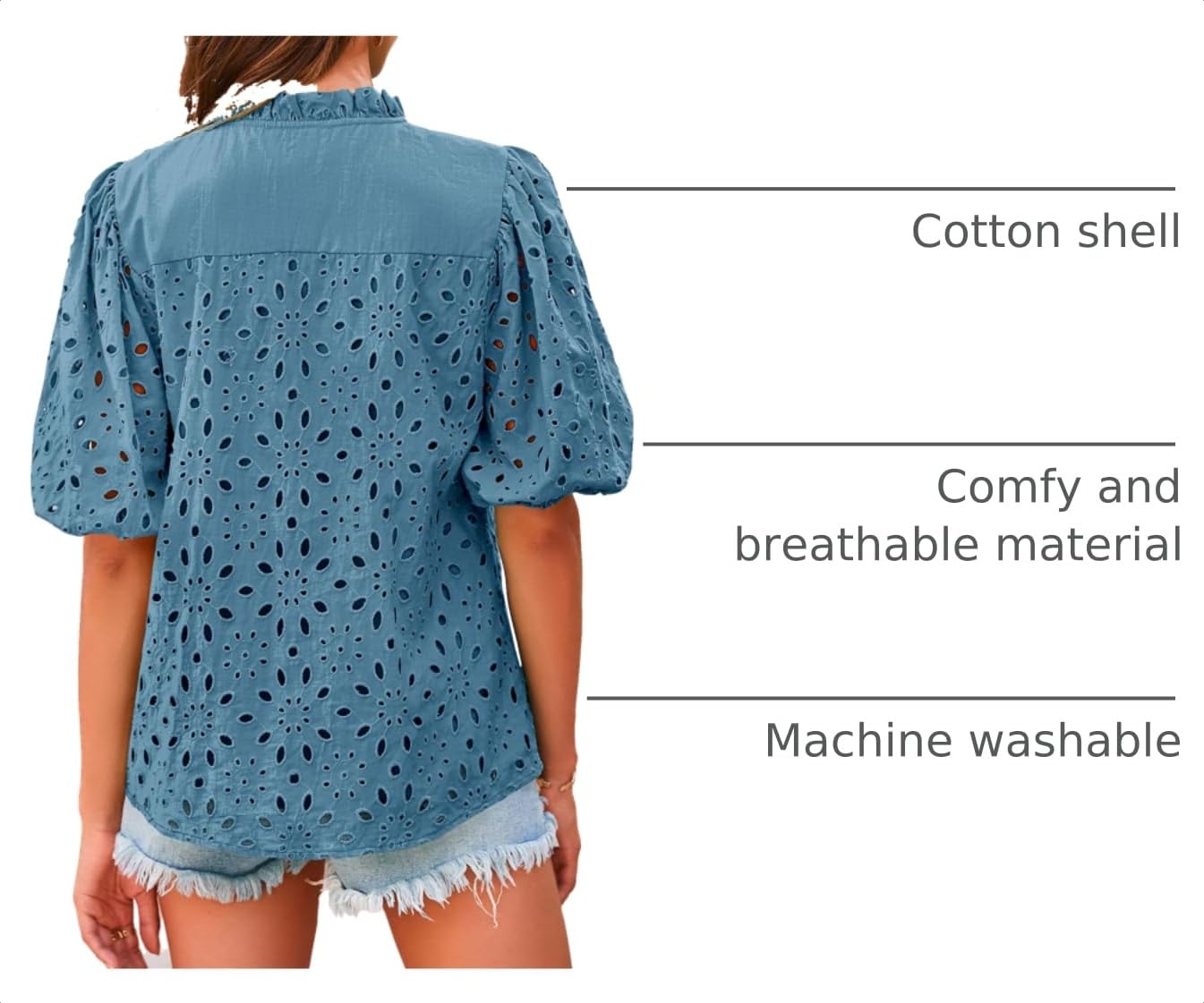 Womens Tops Boho Eyelet Puff Sleeve Blouse, Grey Blue,S