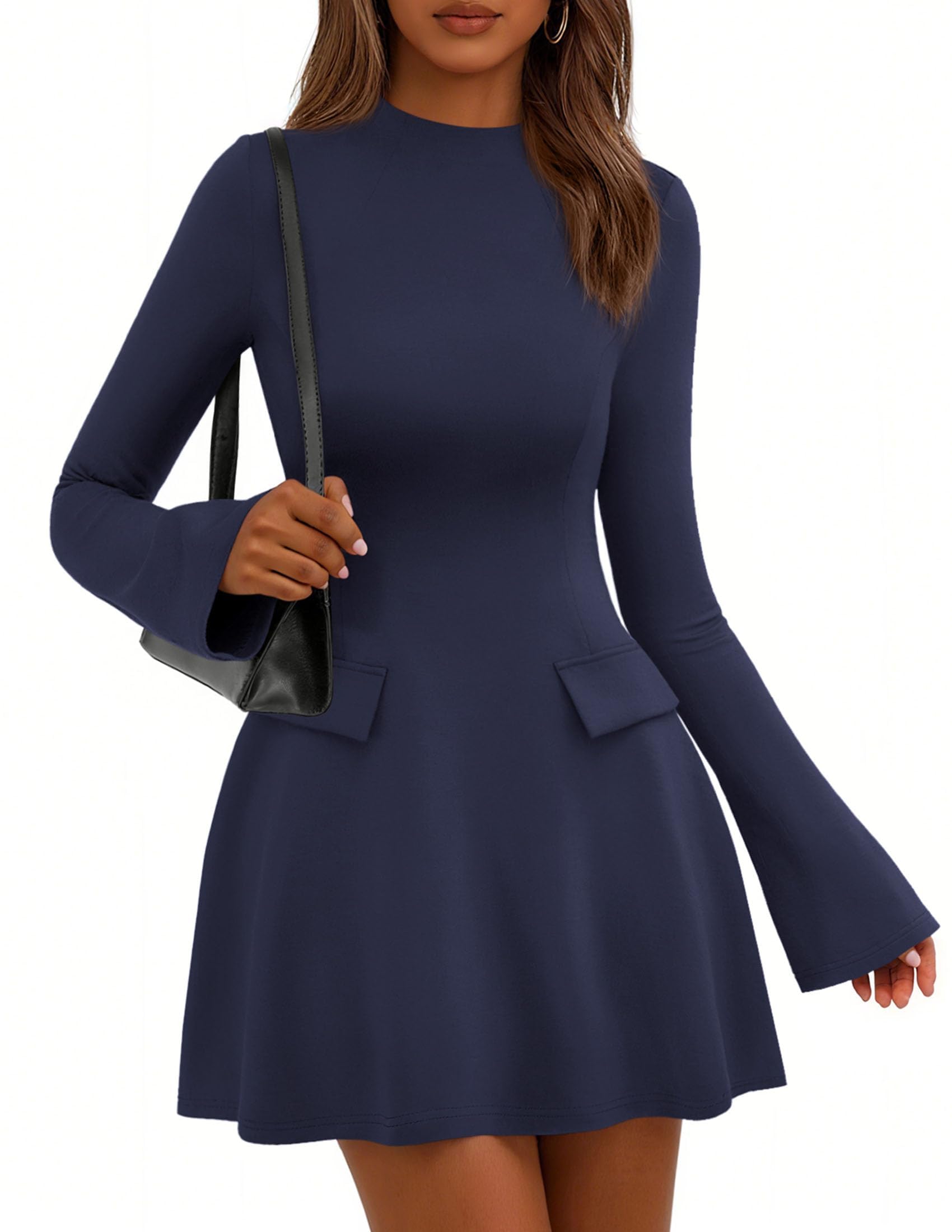 Women's Fall Bell Sleeve Short Dress,Dark Blue,XS