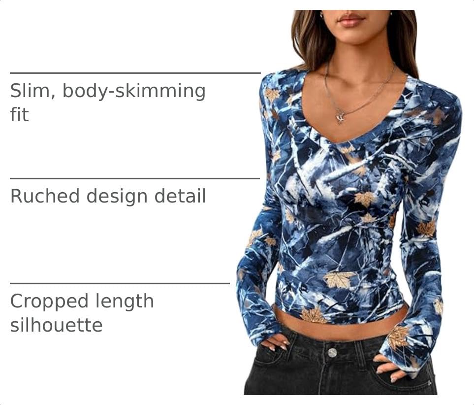 Womens Long Sleeve Slim Fit Crop Tops,Dark Blue Floral,S