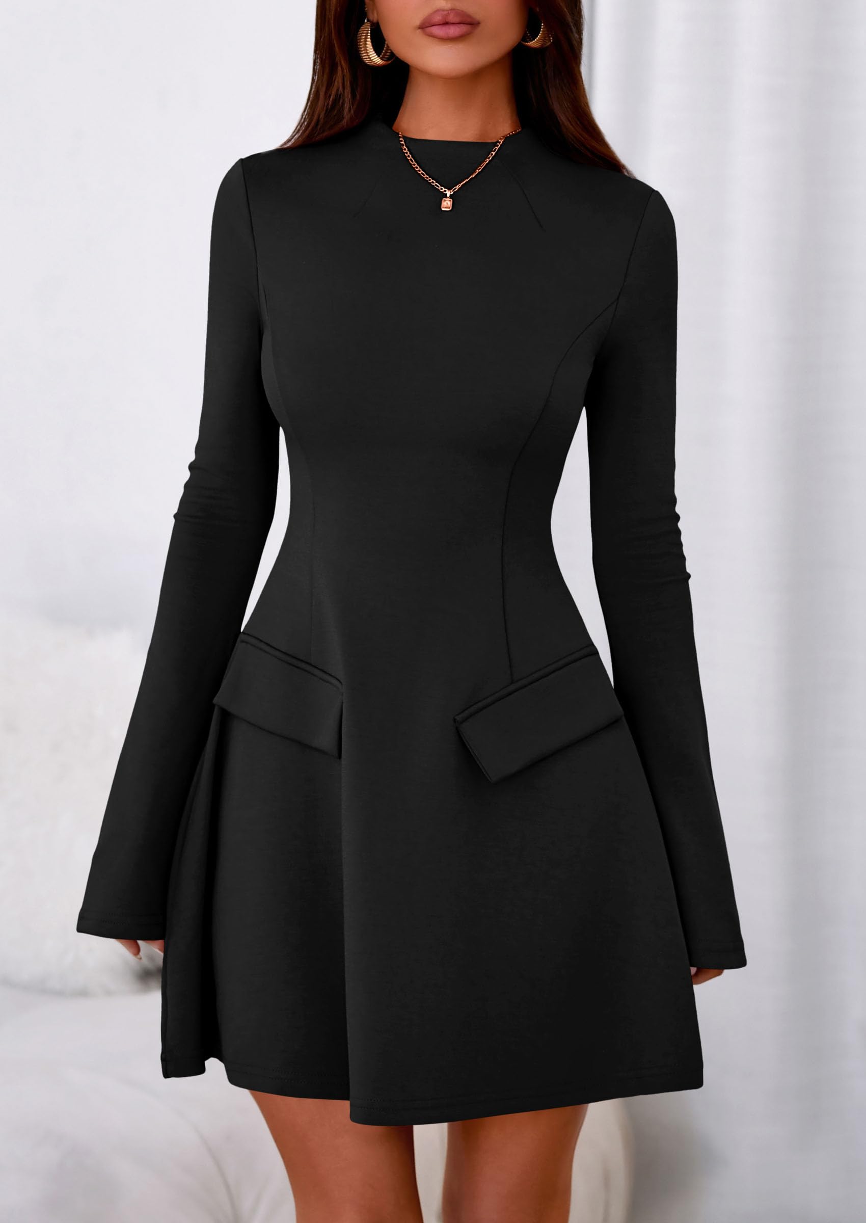 Women's Fall Bell Sleeve Short Dress,Black,XS