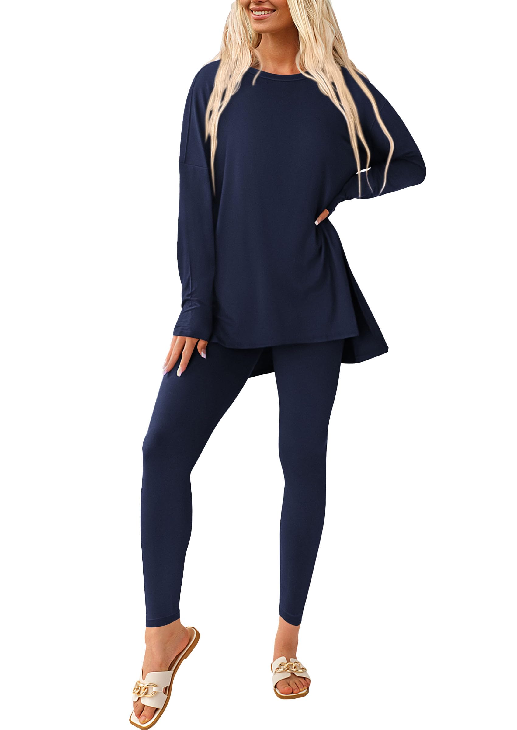 Women's 2 Piece Outfits Matching Lounge Sets,Navy,L