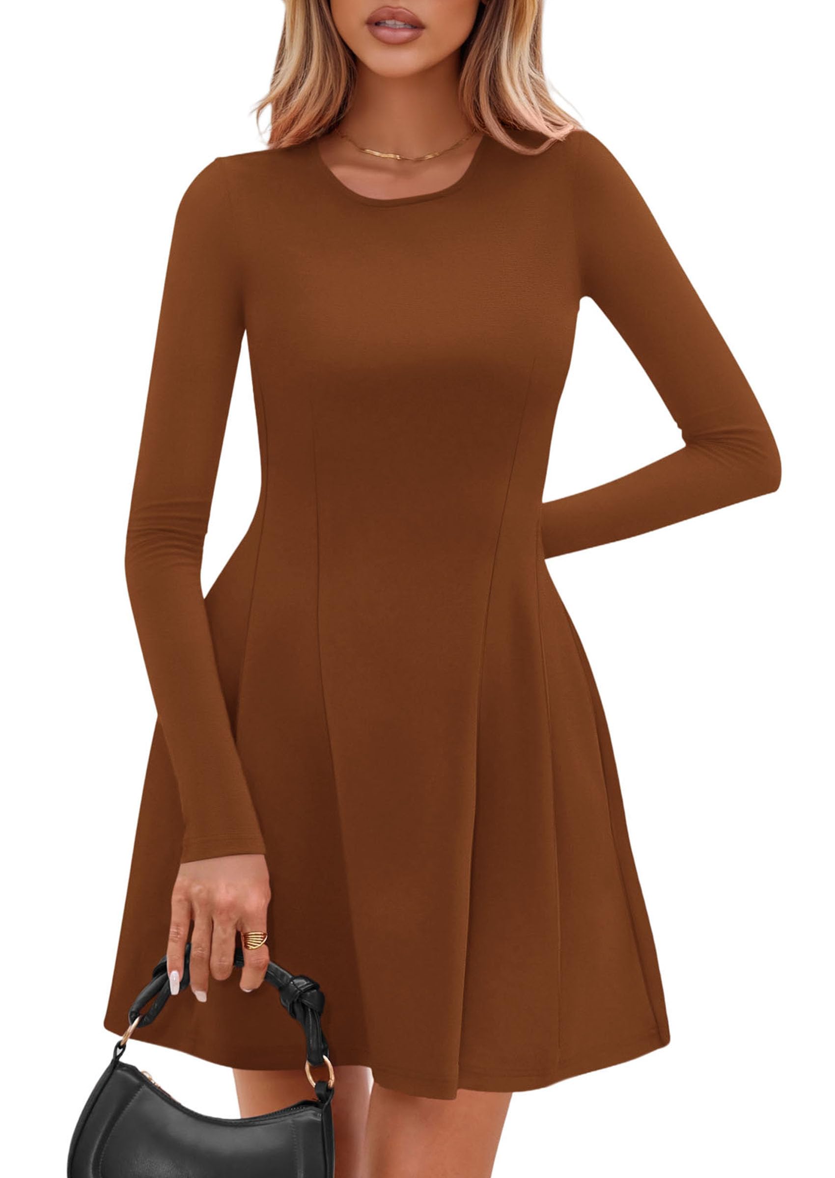 Womens Long Sleeve Pleated Mini Dress,Caramel,XS