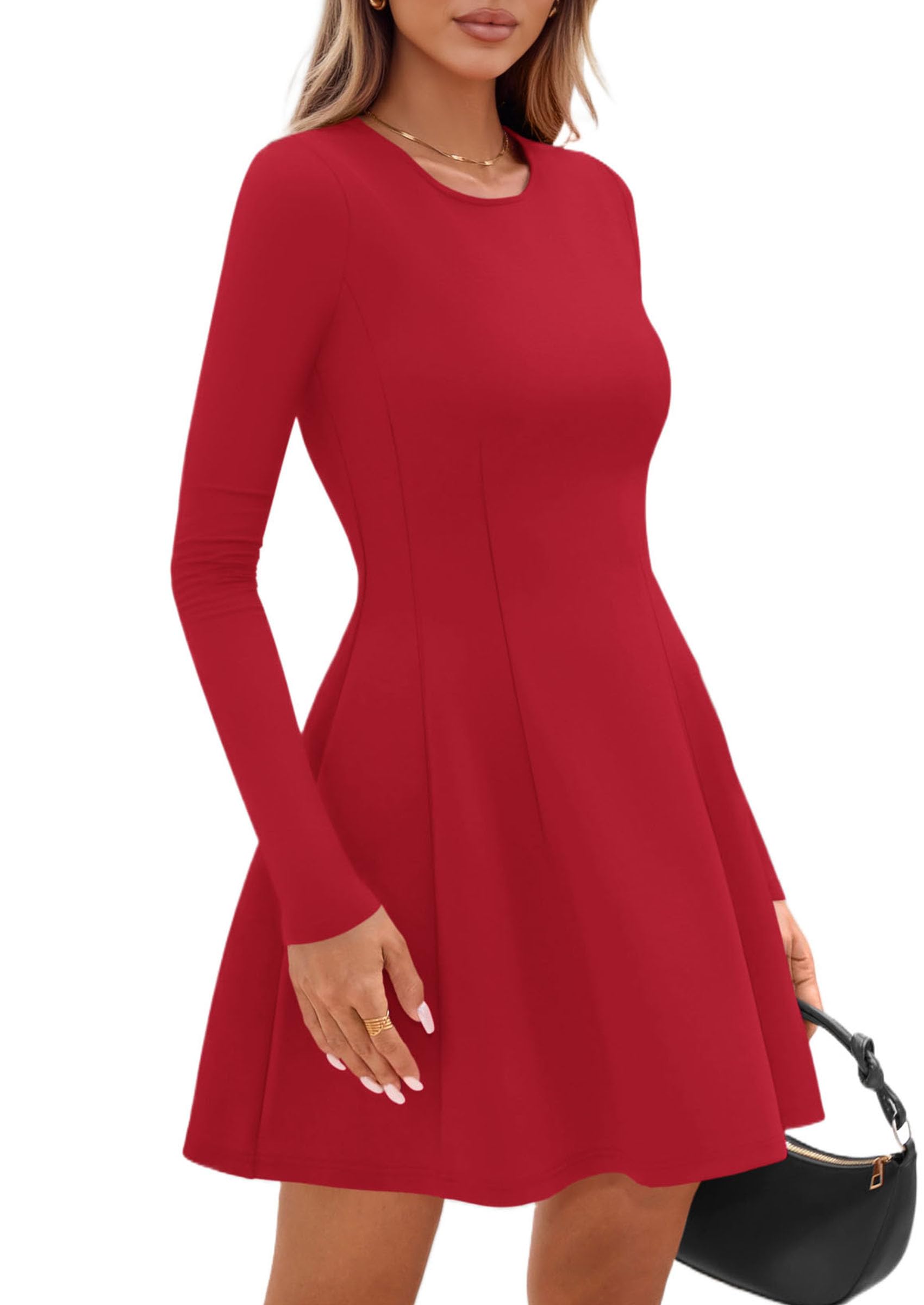 Womens Long Sleeve Pleated Mini Dress,Red,M