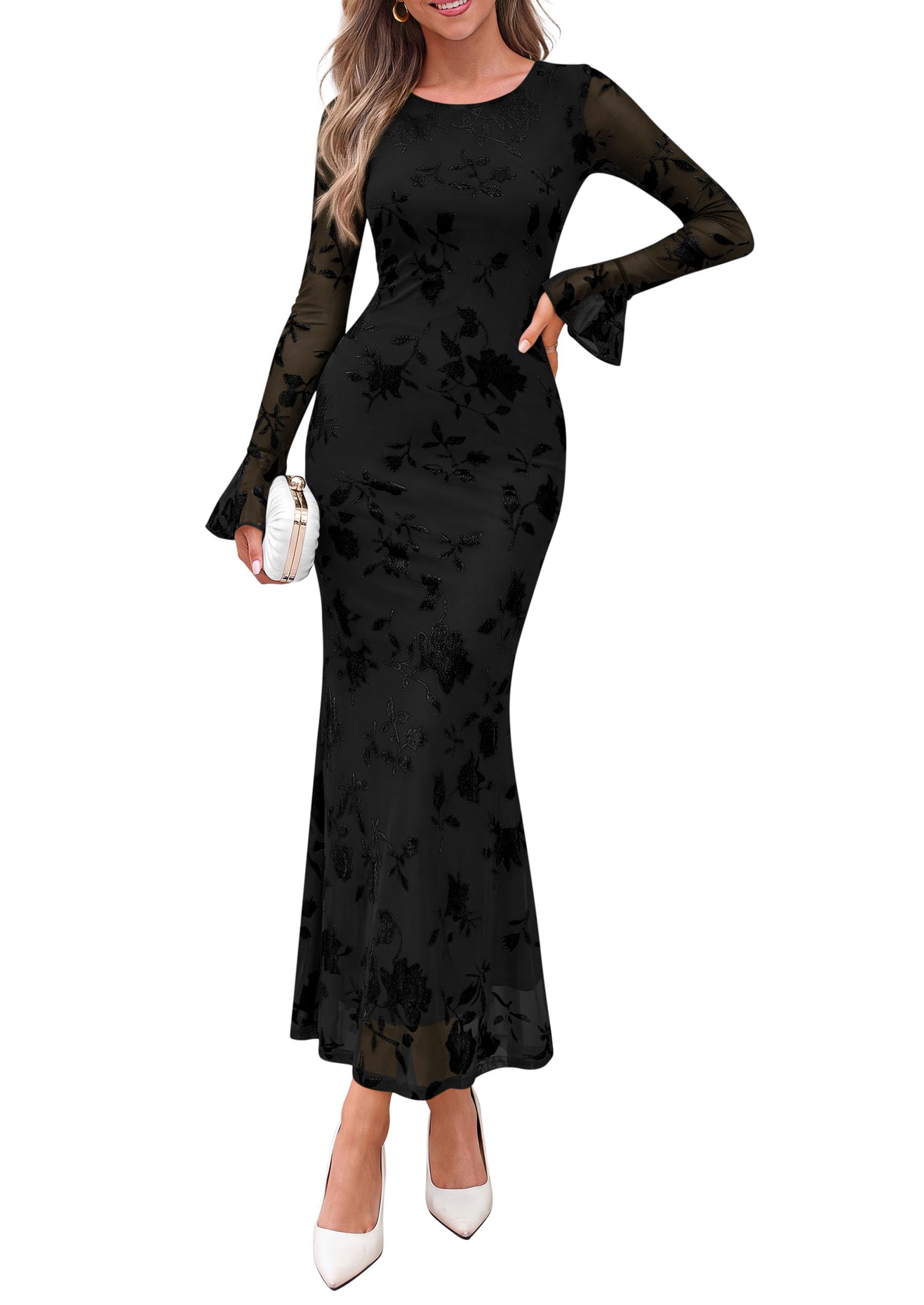 Women's Long Sleeve Maxi Floral Mesh Fall Wedding Guest Dress