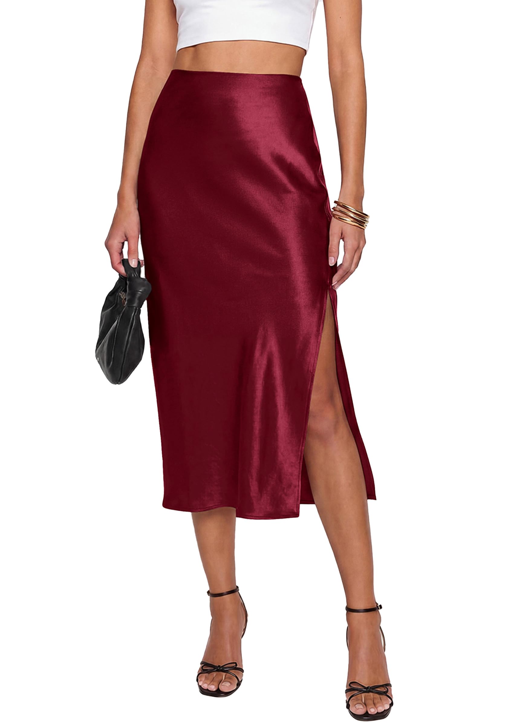 Womens Satin Skirt Silk Slip Midi Work Skirts, Burgundy, S