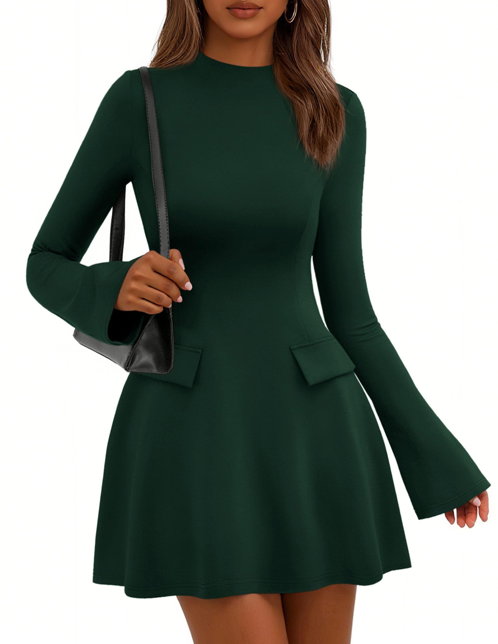 Women's Fall Bell Sleeve Short Dress,Dark Green,XS