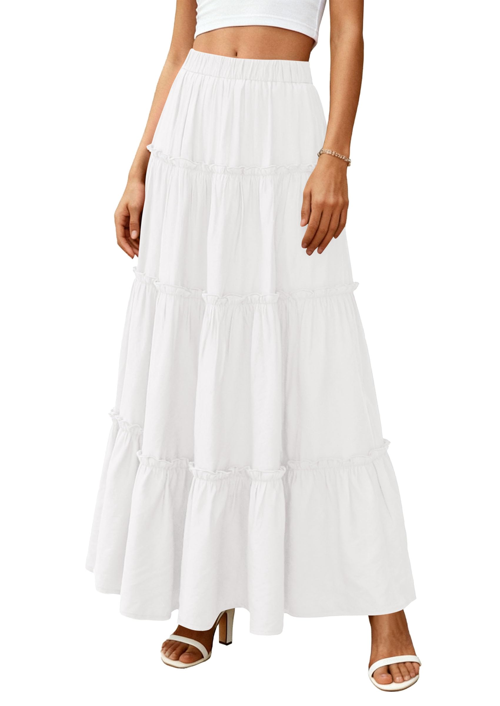 Women's Boho Tiered Ruffle Flowy Maxi Skirt, White,M