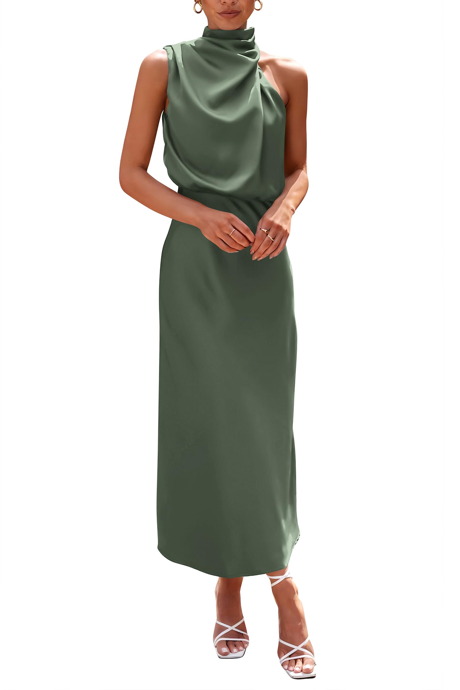 Women's Summer Satin Maxi Cocktail Dress Army Green