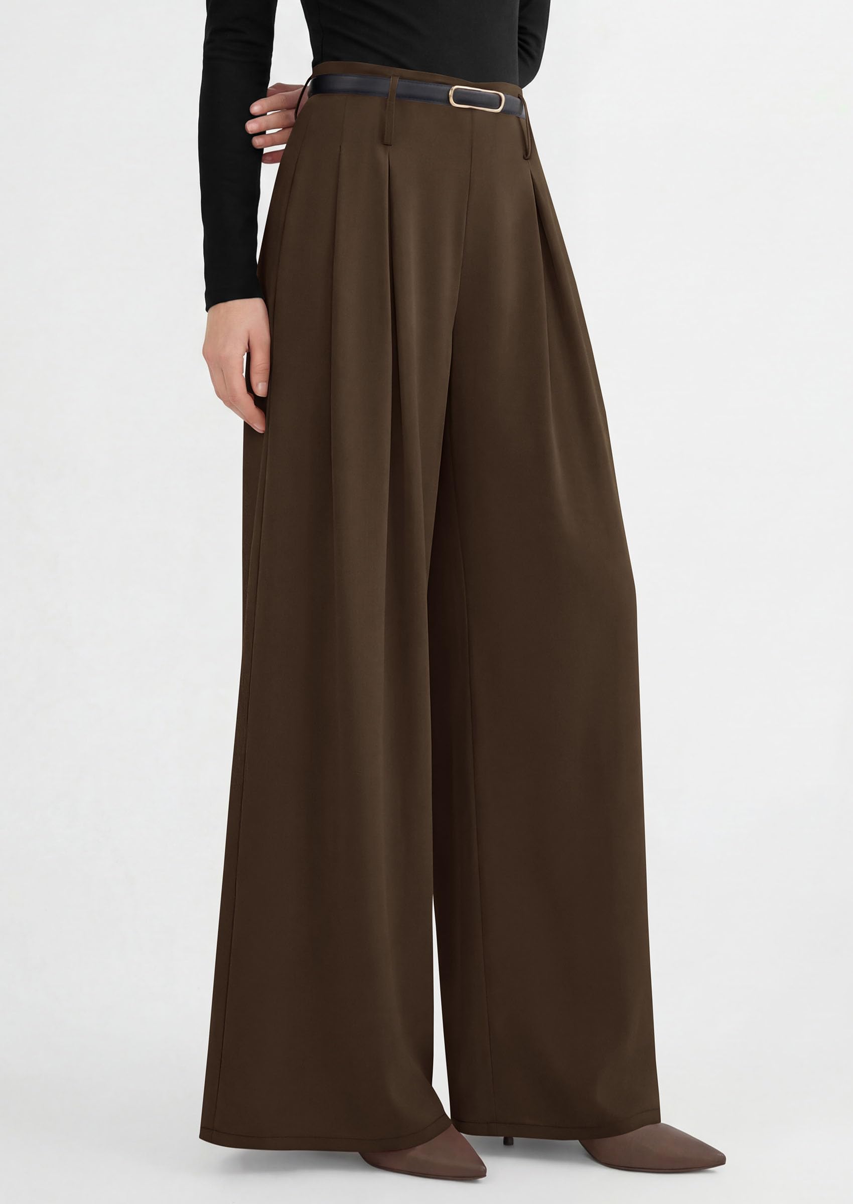 Womens Wide Leg Dress Pants Flowy Trousers,Brown,S