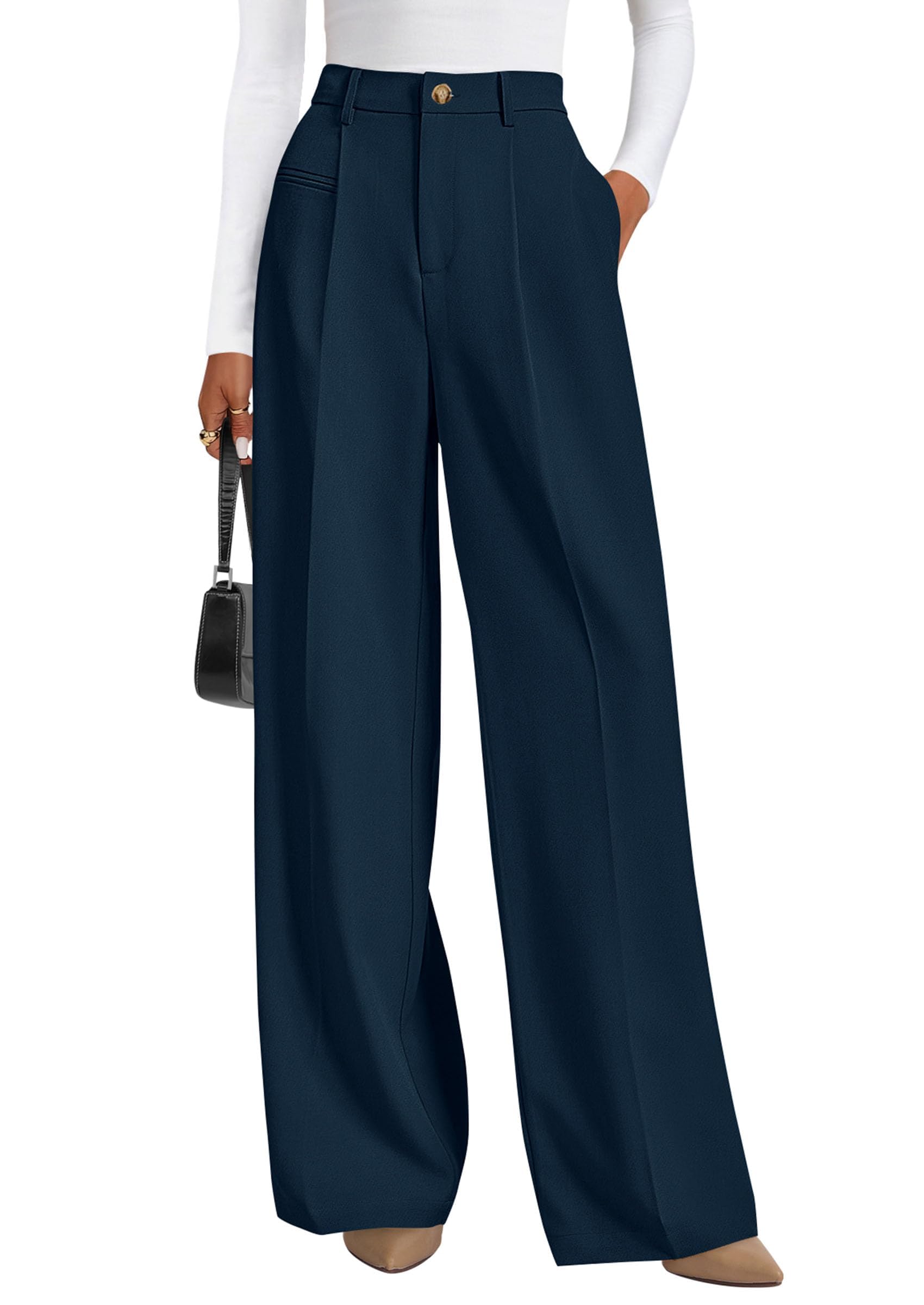 Women's Tailored Wide Leg Work Dress Pants,Dark Blue,XS