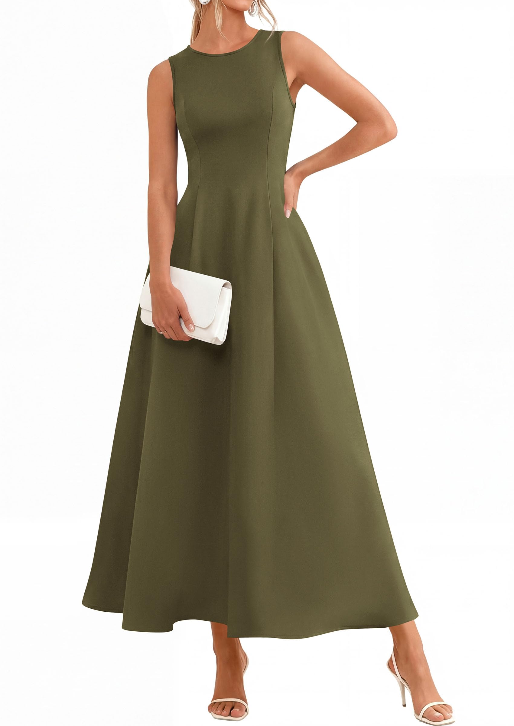 Women's Sleeveless Summer Elegant Maxi Dresses, Army Green,S