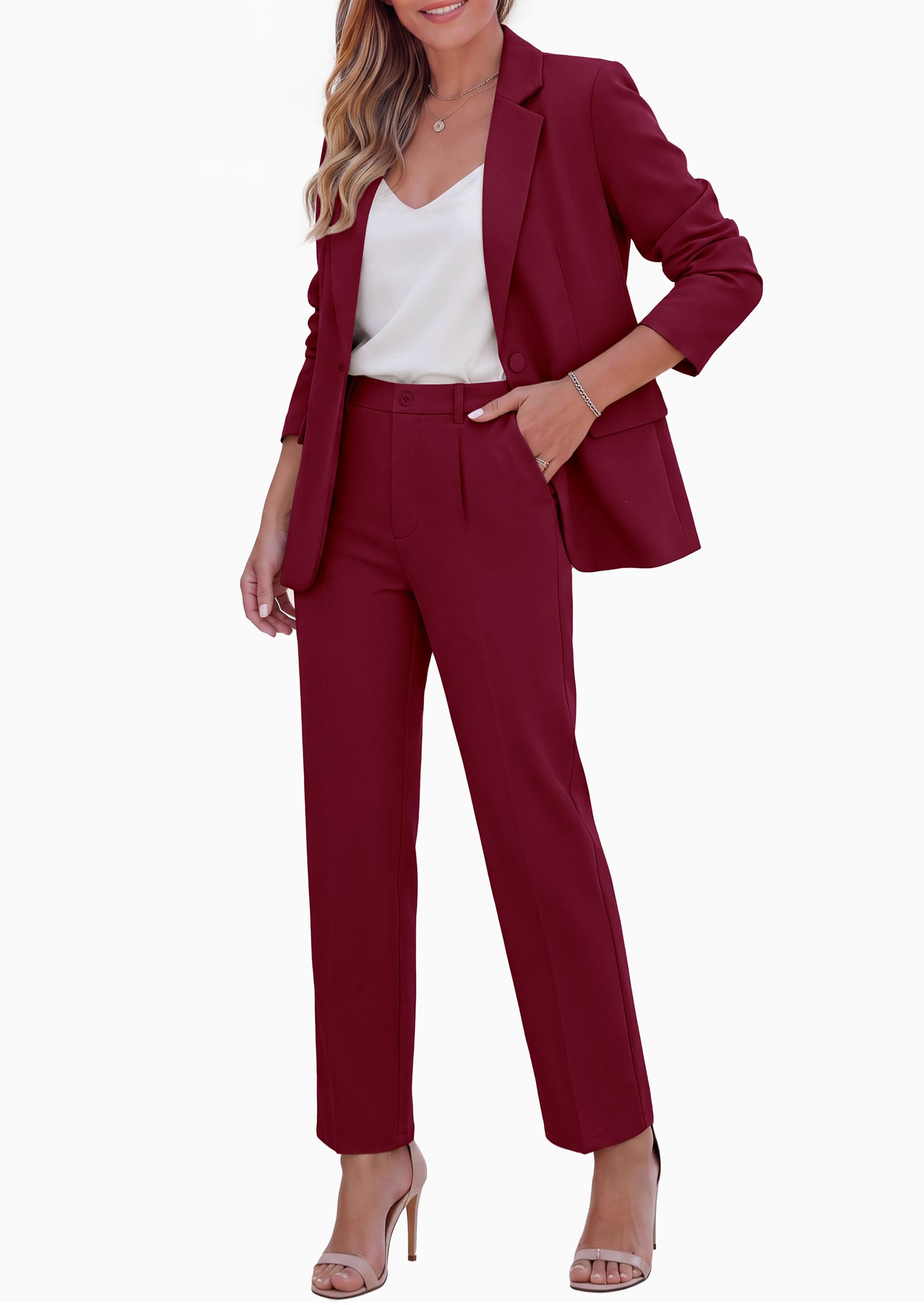 Two Piece Sets for Women Dressy Pant Suits,Wine Red,S