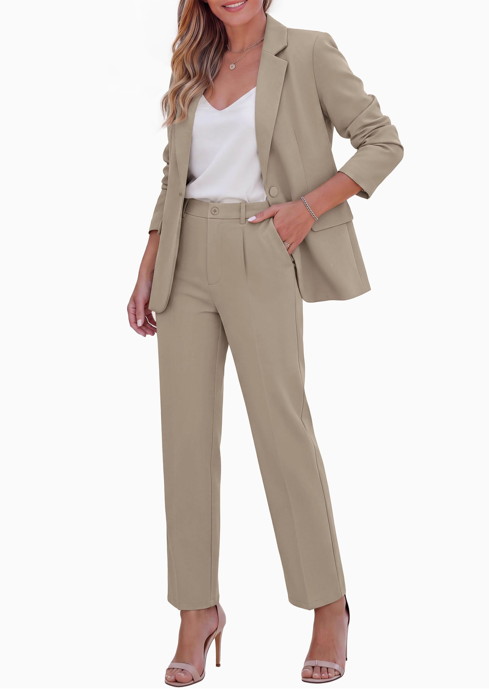 Two Piece Sets for Women Dressy Pant Suits,Khaki,XS