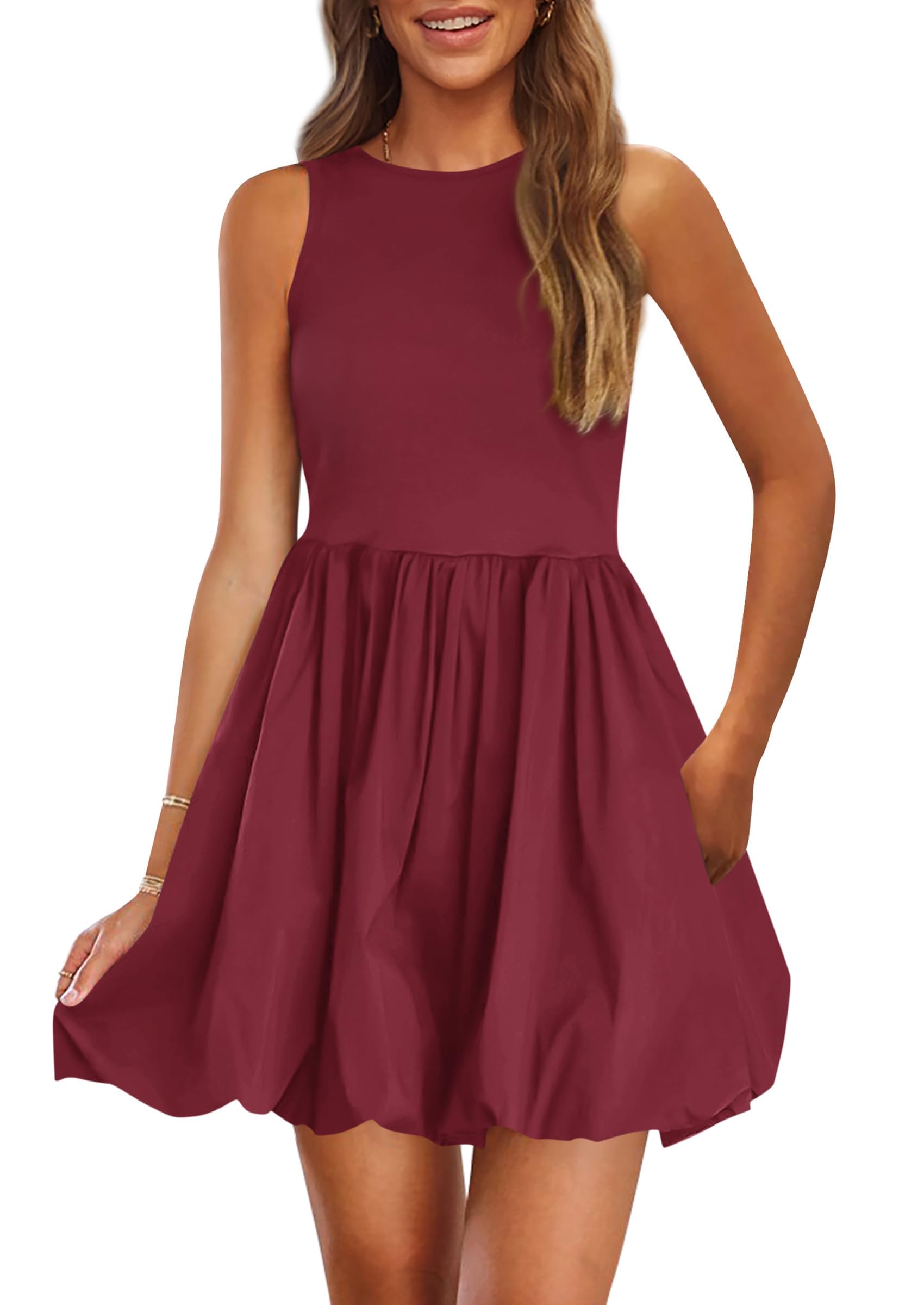 Womens Summer Bubble Sleeveless Mini Dress,Wine Red,S